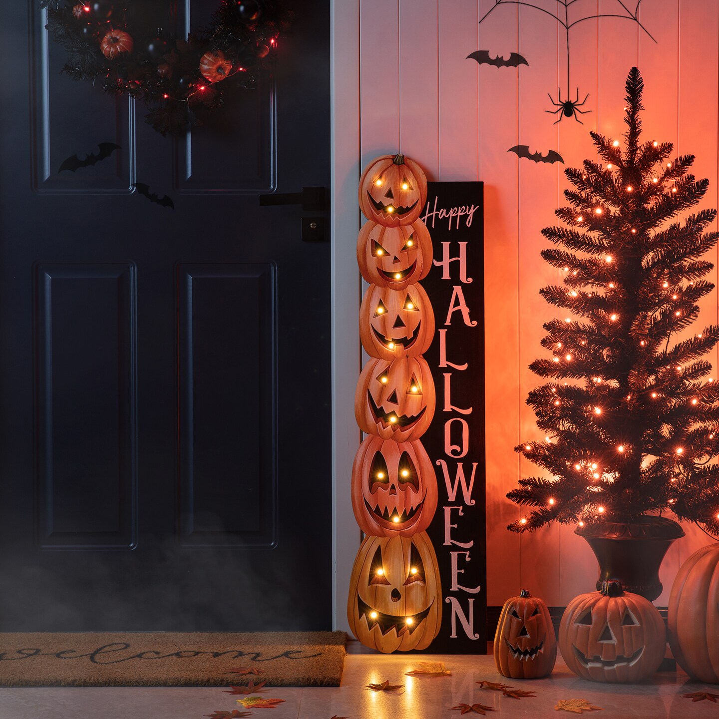 Set of 6 42&#x22;H Lighted Halloween Wooden Stacked Pumpkins Porch Sign with Timer