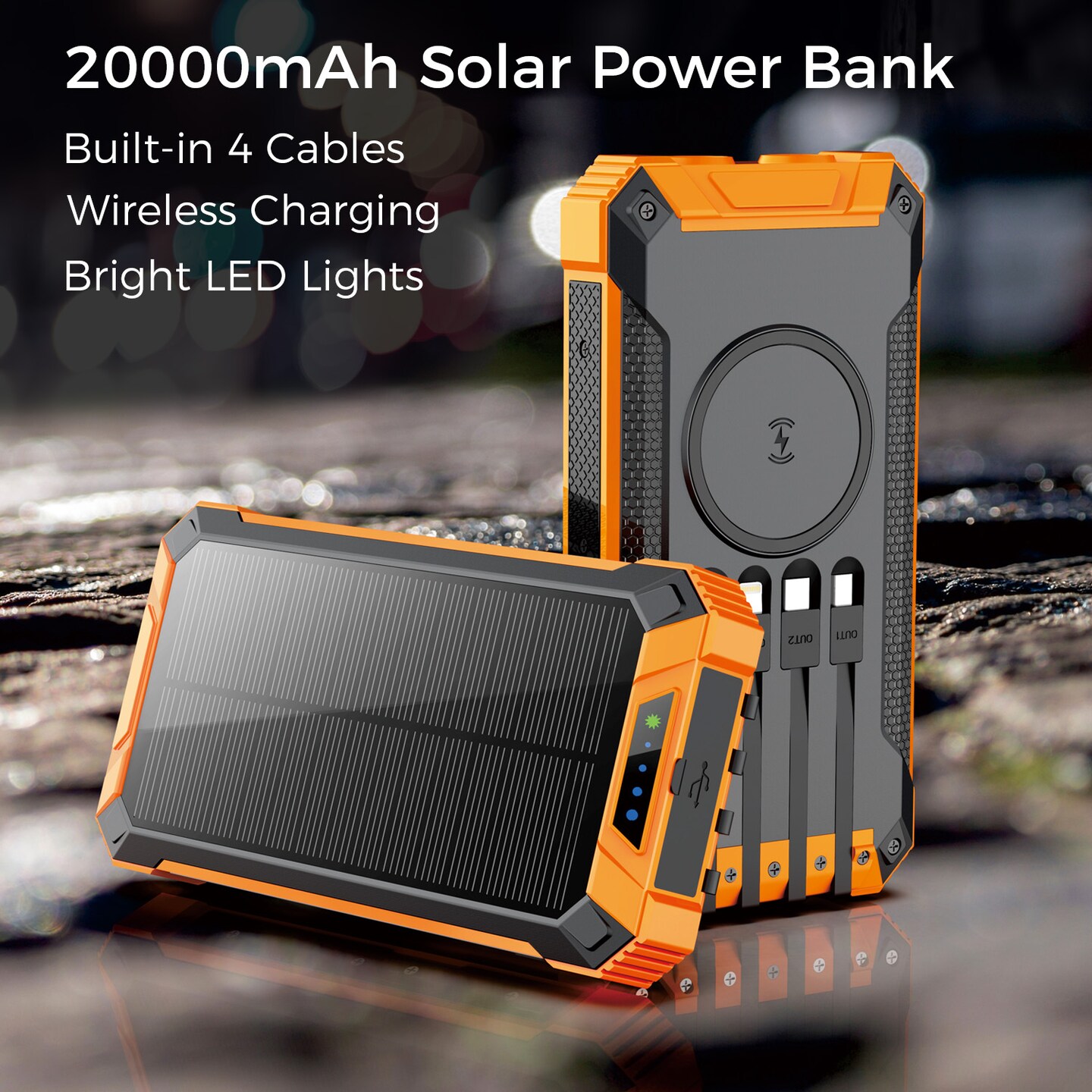Portable Power Bank w/ Wireless Charging, Built-in 4 Cables, Solar Panel, 20000mAh Battery, IP65 Waterproof, Dustproof, Dual LED Flashlight, Great for iPhone, Samsung, Smart Phones