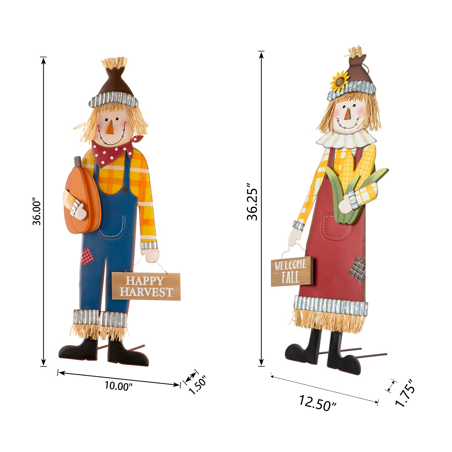 Set of 2 36"H Boy & Girl Fall Metal Scarecrow Yard Stake/Standing/Hanging Sign (KD, Three Function)