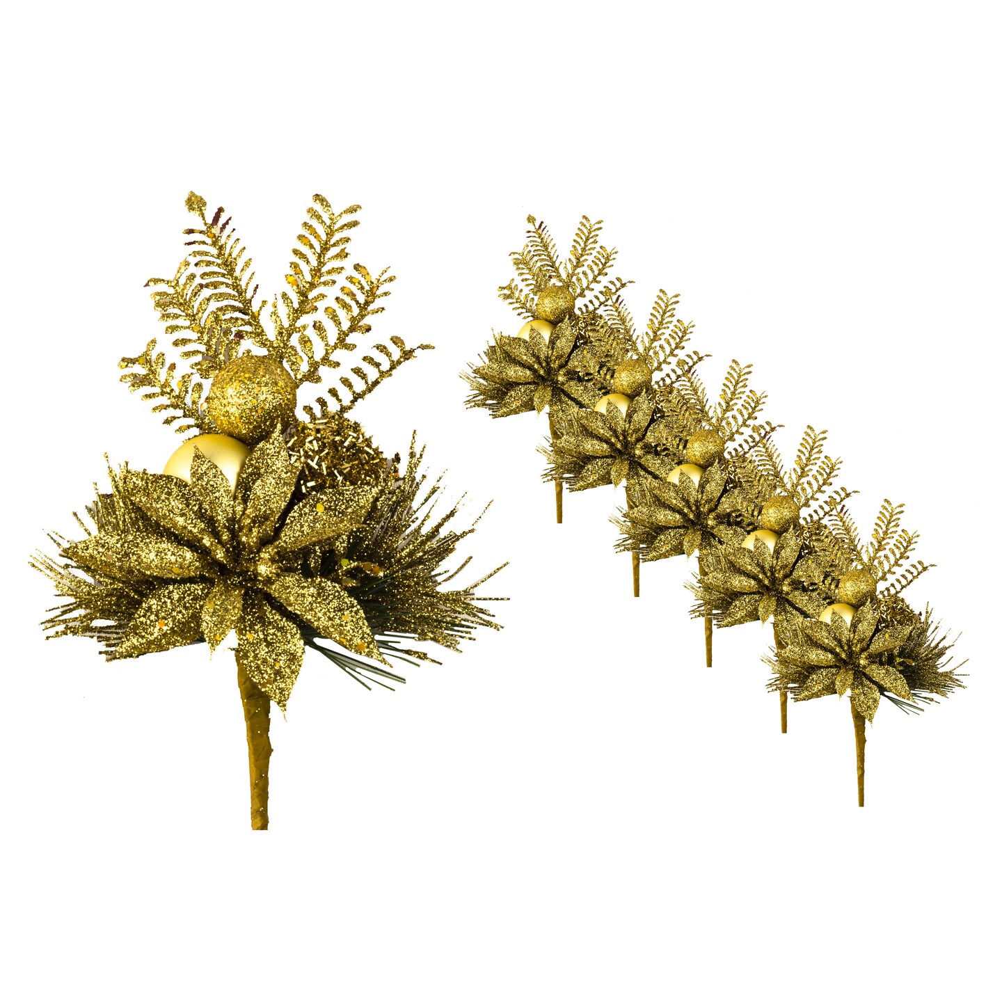 5 Pack of 11&#x22; Gold Poinsettia and Fern Picks with Glitter Enhancements