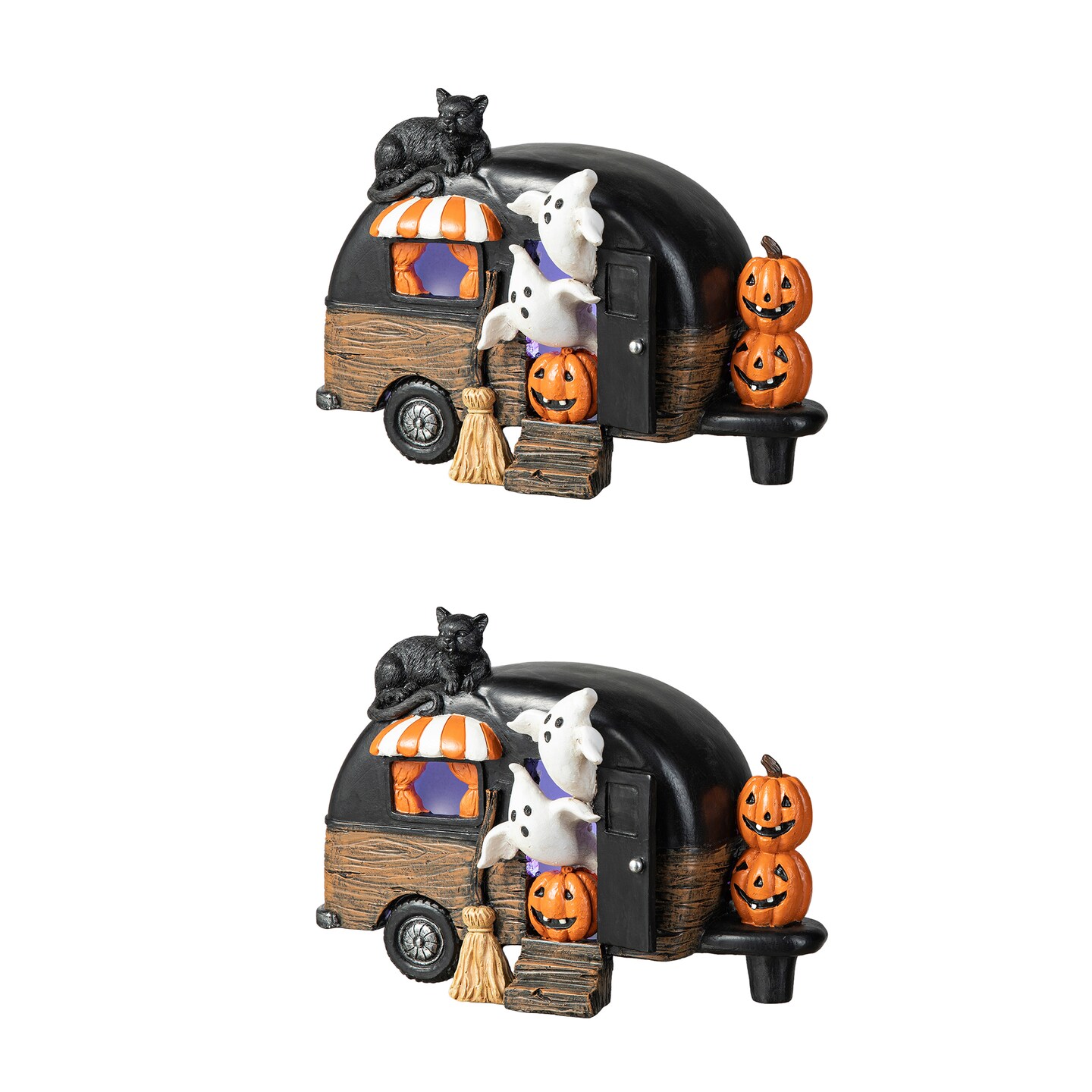 Set of 2 9.25''L Halloween Polyresin Lighted Camper W/Ghost& Pumpkin&Black Cat Table Decor