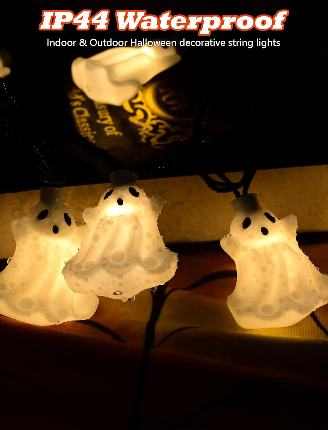 8.5ft 10 White Ghost Lights Waterproof Halloween Decoration String Lights(Ghost String Lights)