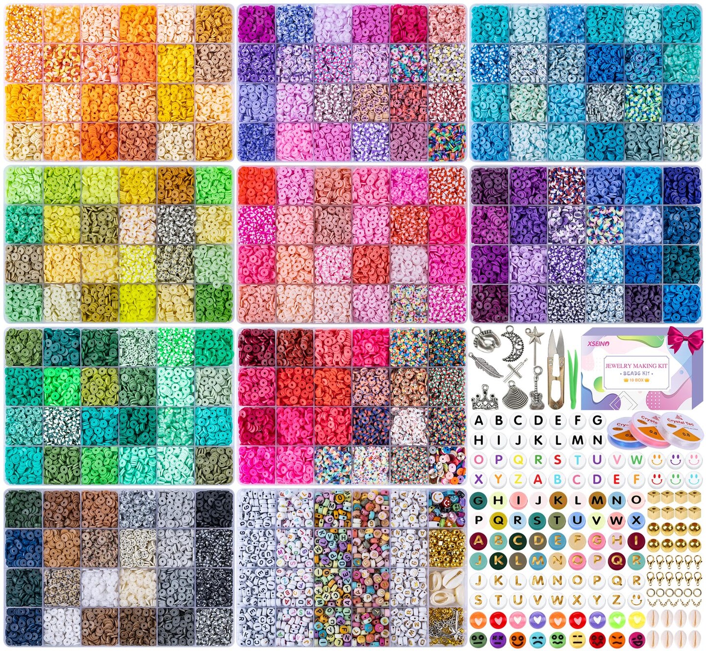 46000Pcs Clay Beads - 216Colors 10Boxes Clay Beads, 5 Styles Letter Beads,with Rich Making Accessories and 3 Rolls Crystal Cord,for Crafts