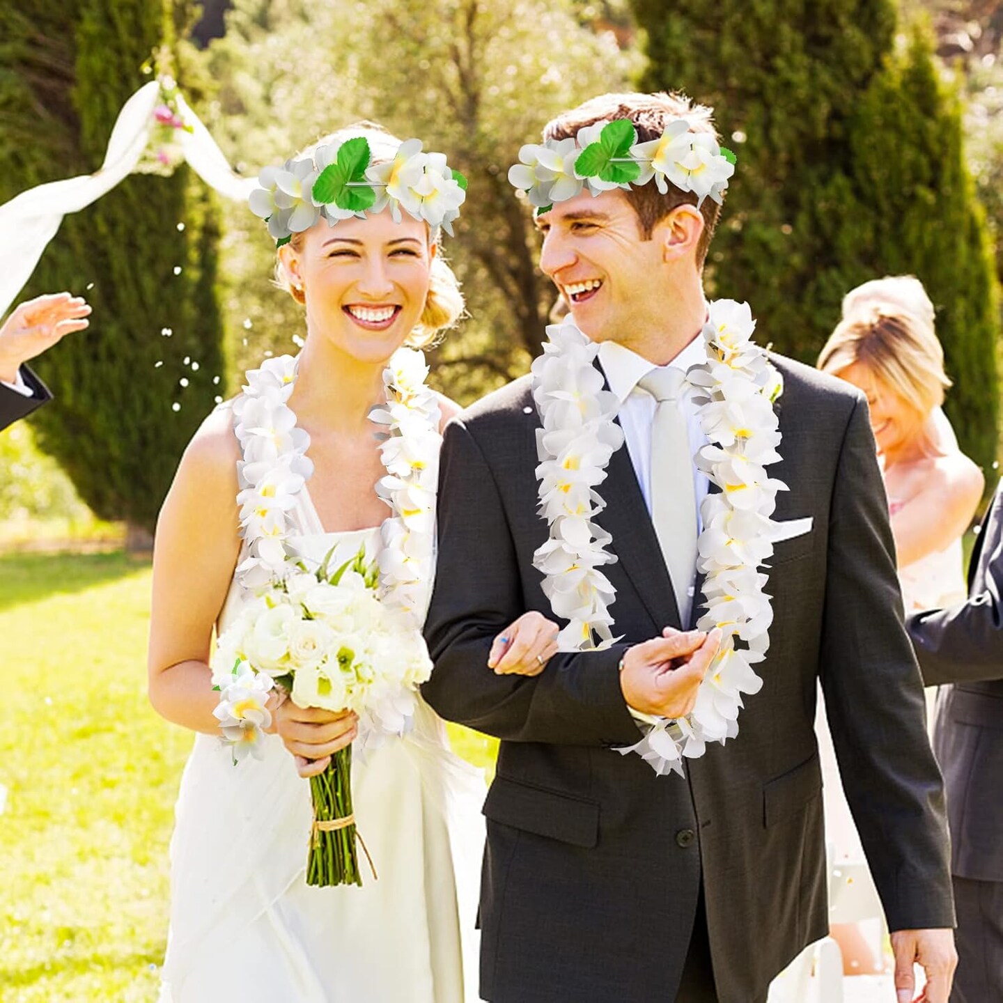 4 PCS Hawaiian Lei Set, White Luau Wreath Garland Hawaii Leis Flower Headpiece Necklace Bracelet