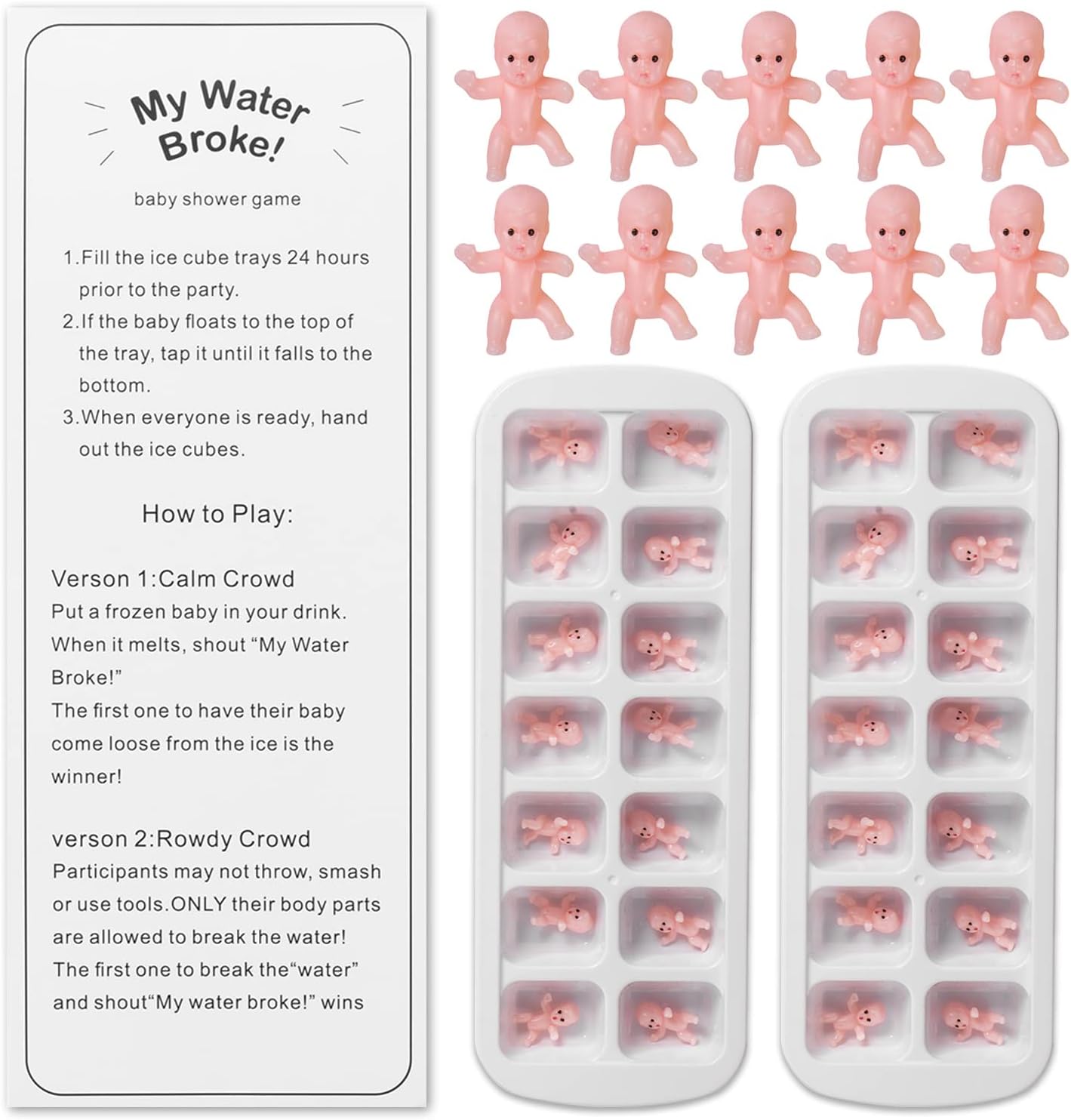 My Water Broke Baby Shower Game with 80 Mini Plastic Babies, 3 Ice Cube Trays and 1 Sign