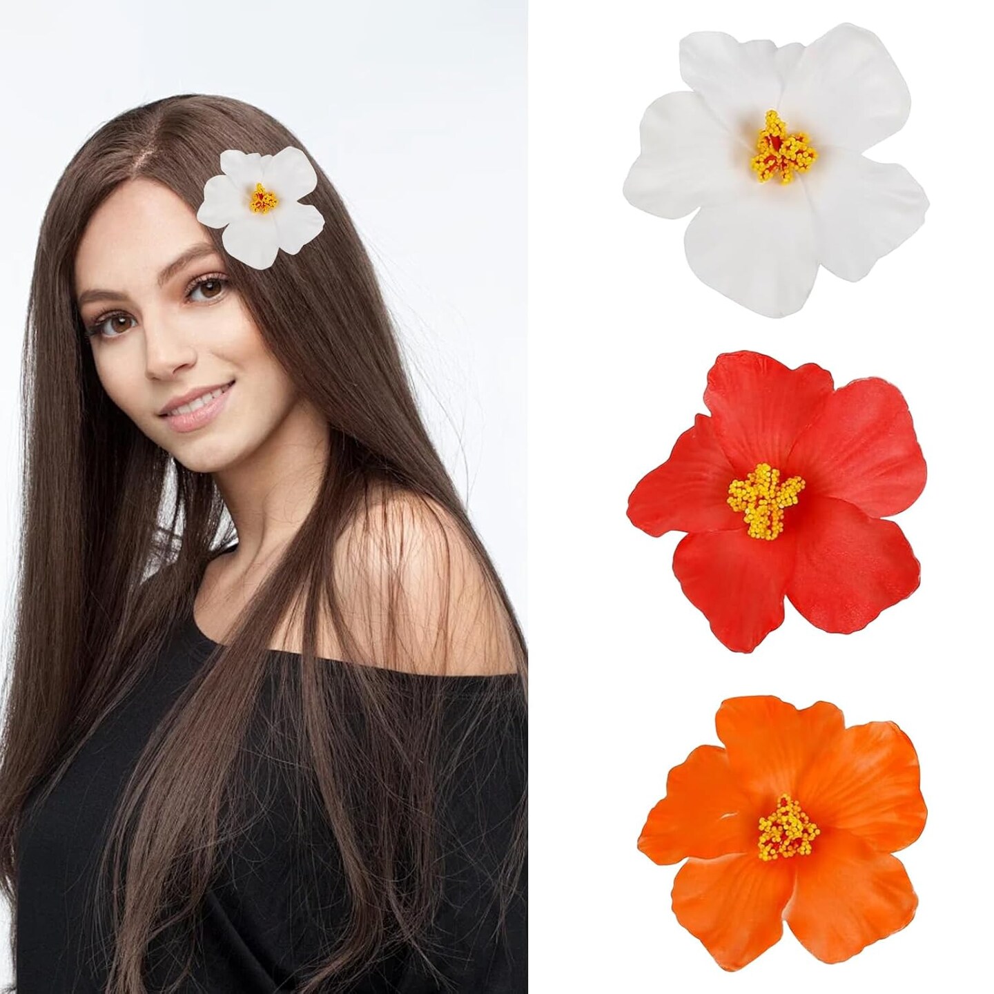 3Pcs Hawaiian Flower Hair Clips for Women (White, Red  display picture 1