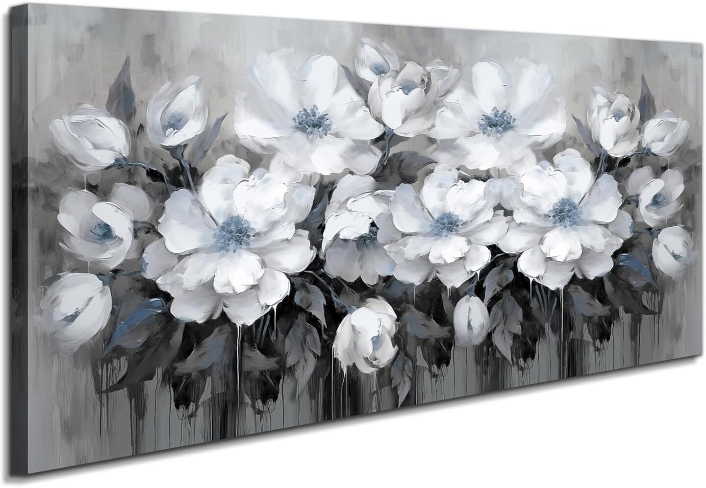Living Room Wall Art - Gray and White and Blue Flower Canvas Wall Art