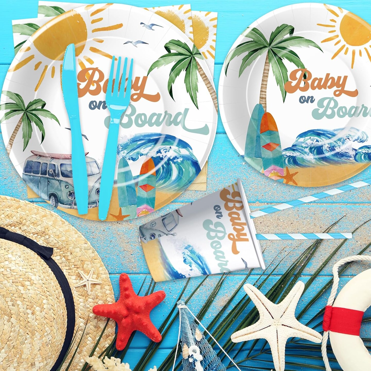 Surf Baby Shower Decorations Tableware, Baby On Board Baby Shower Decorations, Paper Plate, Cup, Napkin, Disposable Cutlery, Summer Wave Beach Surfing Party Supplies For Baby Shower