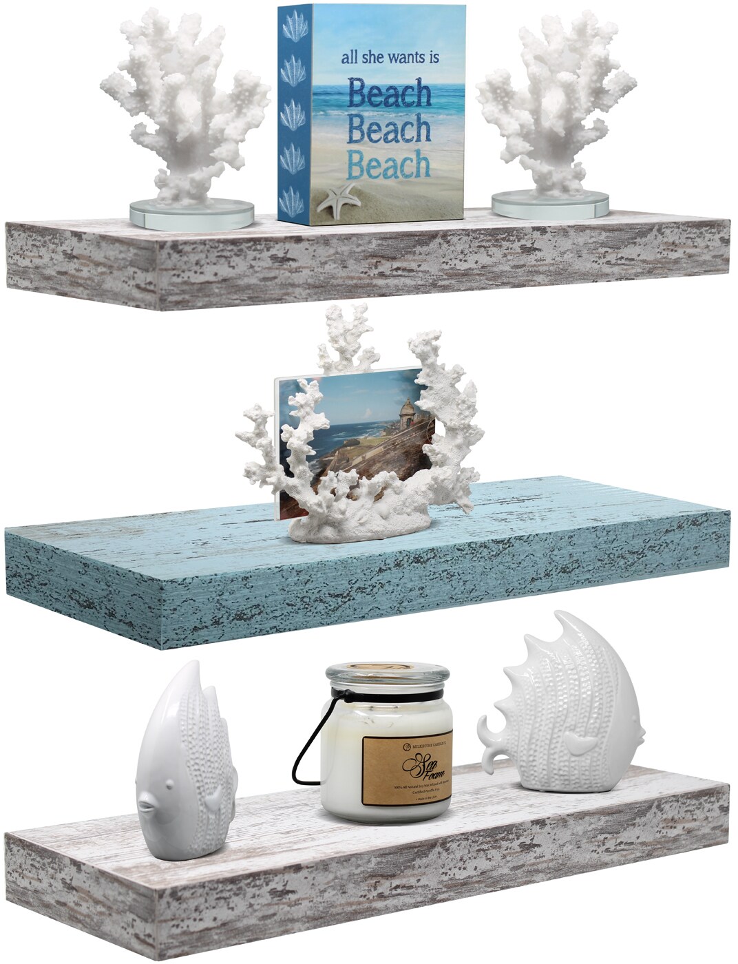 3 Pack 16 Inch Sorbus Coastal Rectangle Floating Shelves Rustic Design - for Home Decor to Display Trophies, Books, Frames, and more