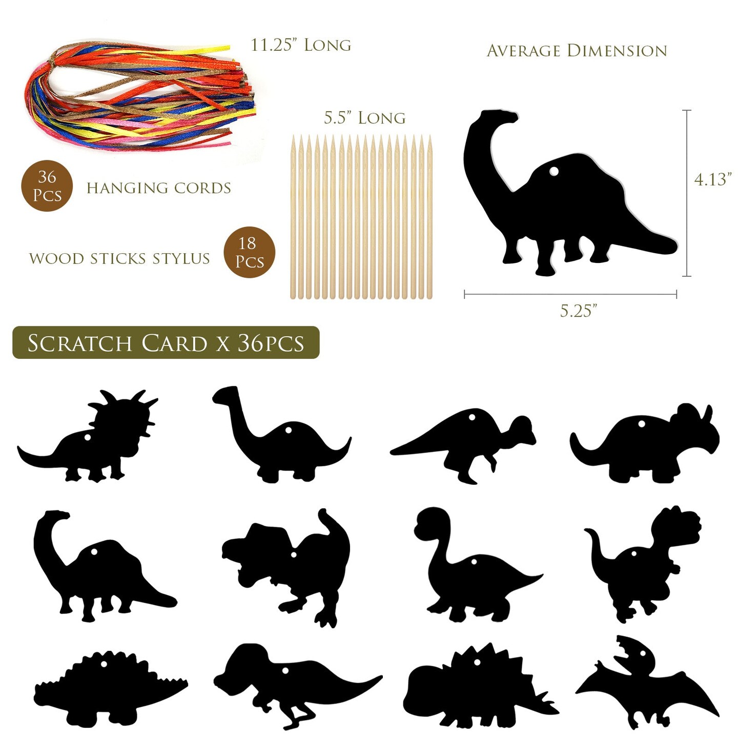 Wrapables 36pc Rainbow Scratch Arts Ornaments, DIY Magic Scratch Arts and Crafts, Dinosaurs