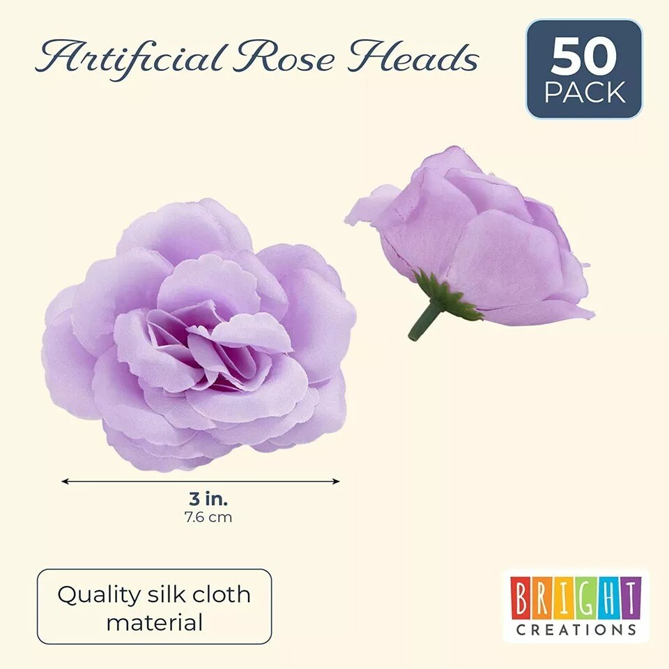 50 Pack Light Purple Roses Artificial Flowers Bulk, 3" Stemess Fake Slilk Roses