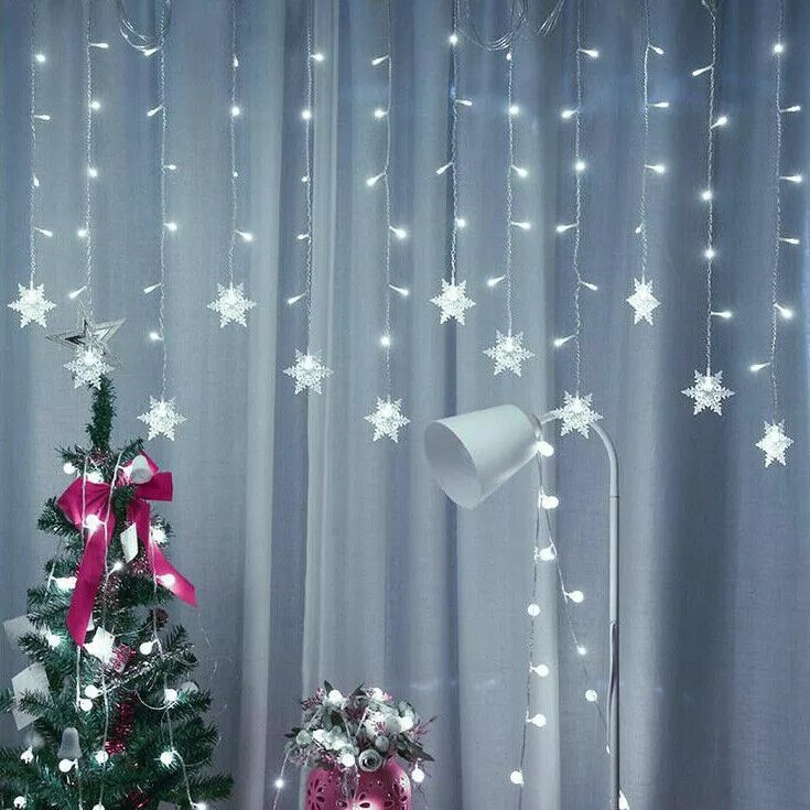 LED Christmas Curtain Snowflake Fairy String Party Lights Xmas Waterproof Decor