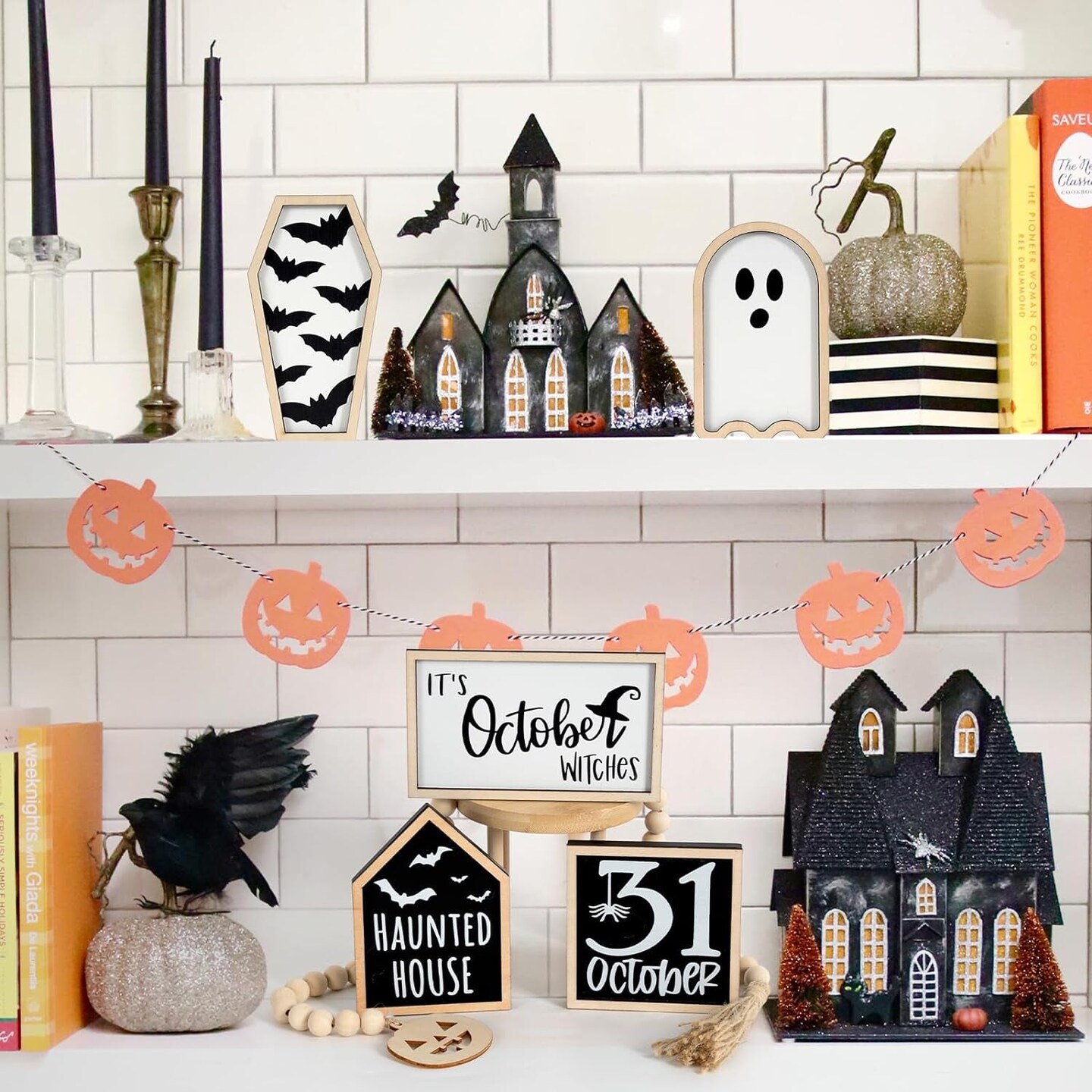 Halloween Decorations |  Halloween Tiered Tray Decor | Bat Coffin, Haunted House, Ghost, Witches, October 31 Sign, Bead Garland | Halloween Decor | Halloween Centerpiece for Table Shelf