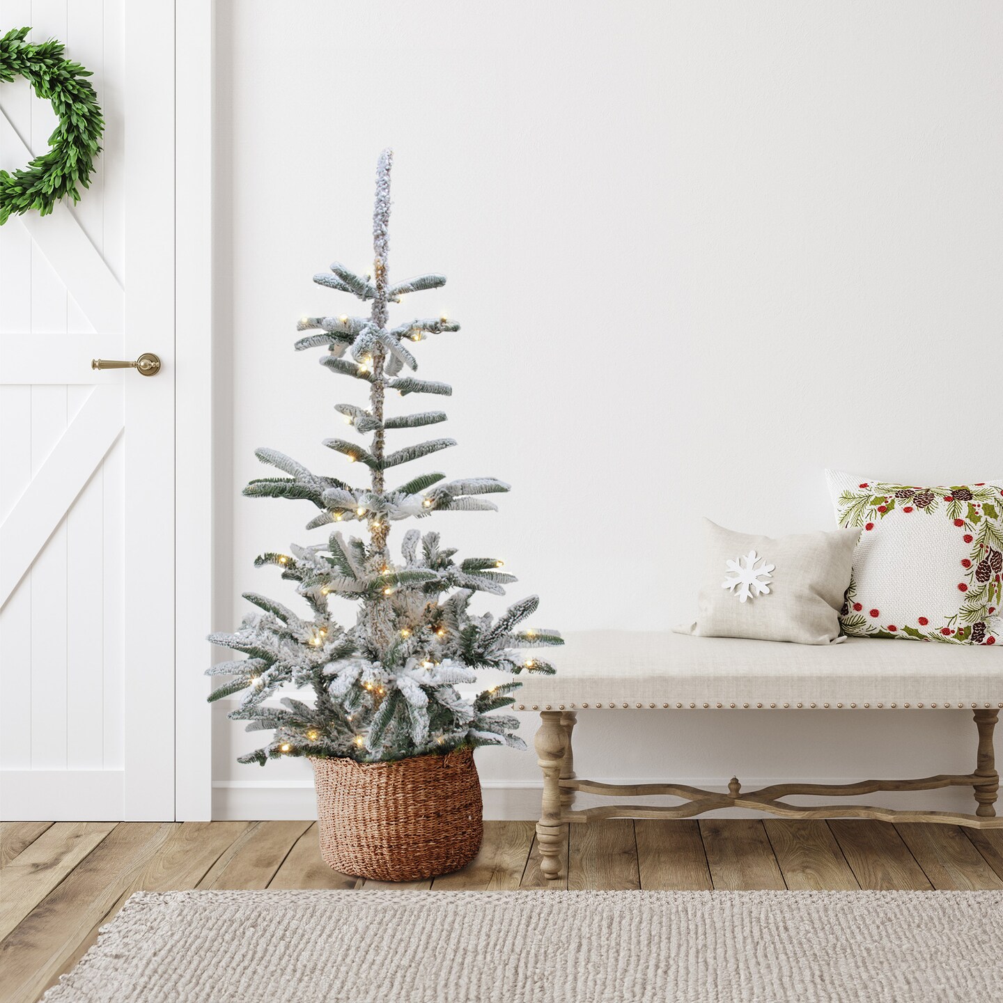 Northlight Real Touch™️ Pre-Lit Slim Flocked Nordmann Fir Artificial Christmas Tree - 4.5' - Warm Clear LED Lights
