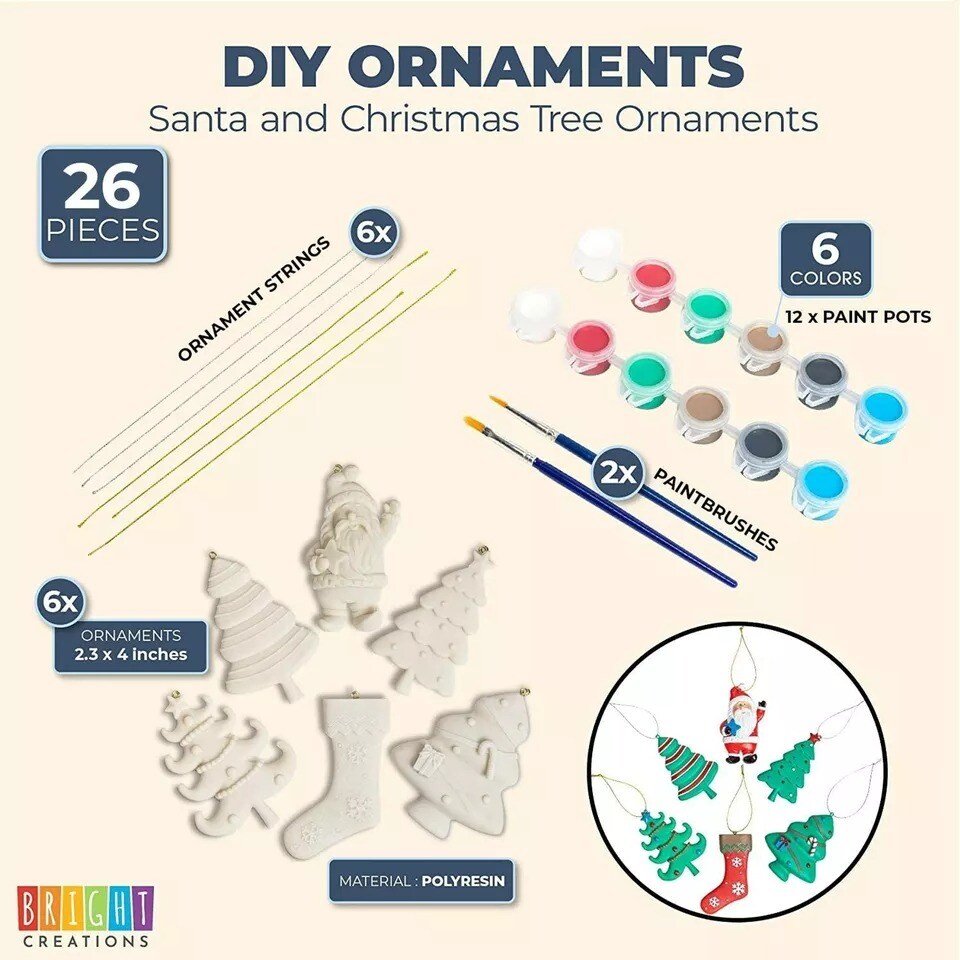 26 Pcs Set Christmas Crafts for Kids, Ceramics to Paint Xmas Ornament DIY 2.3x4&#x22;