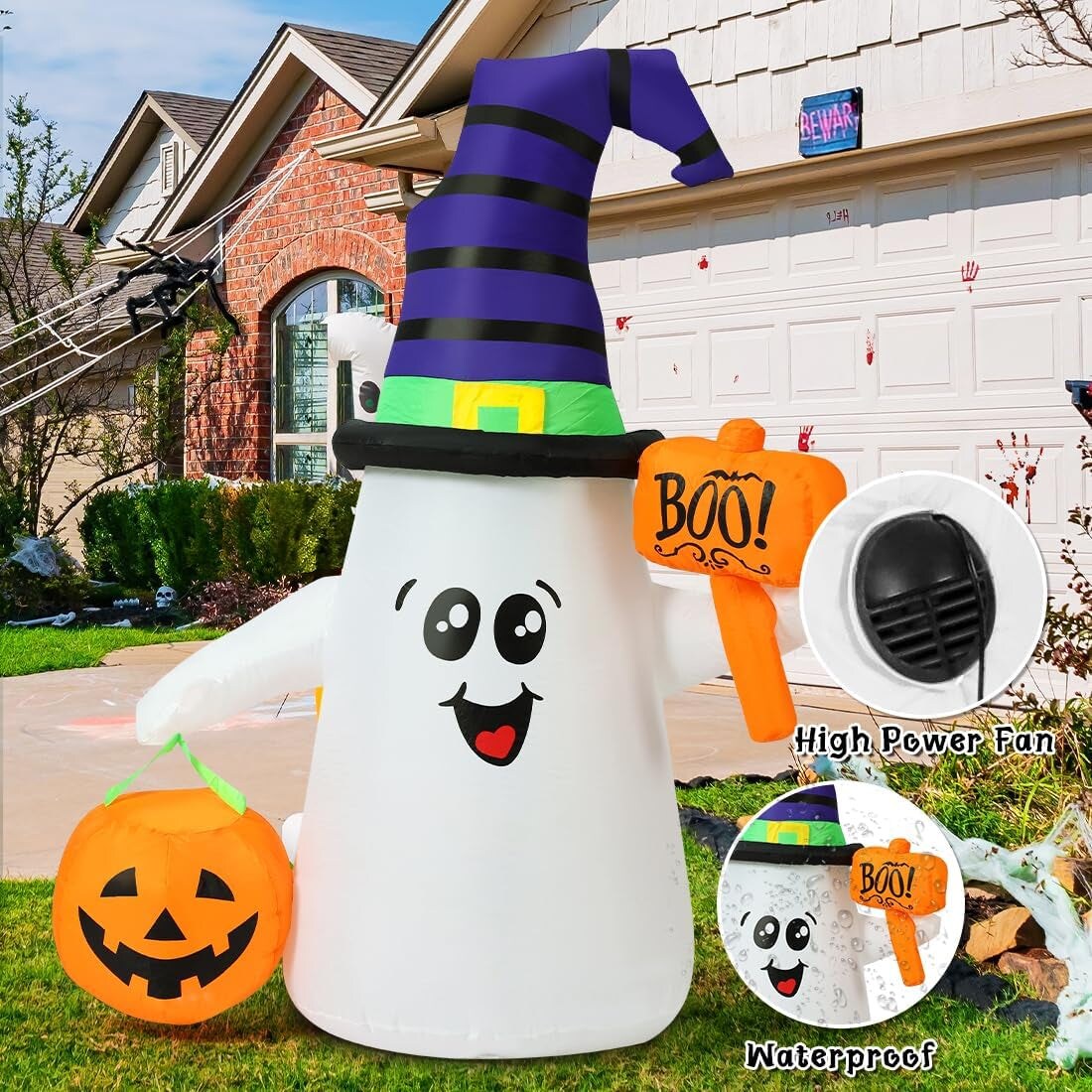 5 FT Halloween Inflatables Ghost Outdoor Decorations Blow up Yard Cute Wizard Ghost with Pumpkin with Built-In Leds for Garden Lawn Indoor Party Holiday Decor