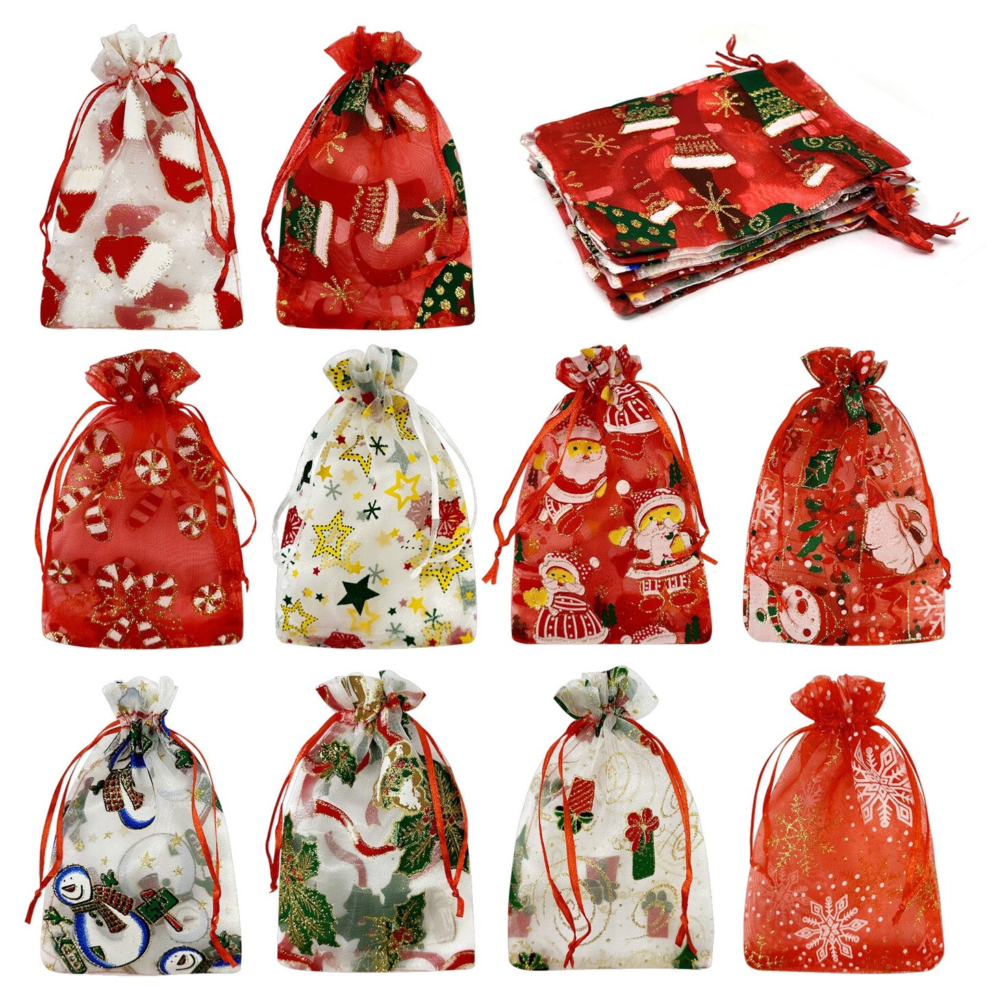 Wrapables 4 x 6 Christmas Organza Drawstring Gift Bags, Xmas Holiday Mesh Party Favor Pouches for Candy, Jewelry, Treats (Set of 20)