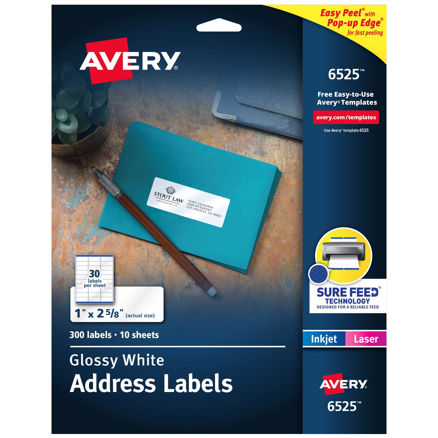 Avery Address Labels with Sure Feed and Easy Peel Technology, Glossy White Labels, 1" x 2-5/8", Permanent Adhesive, Laser/Inkjet, 300 Glossy Labels (6525)