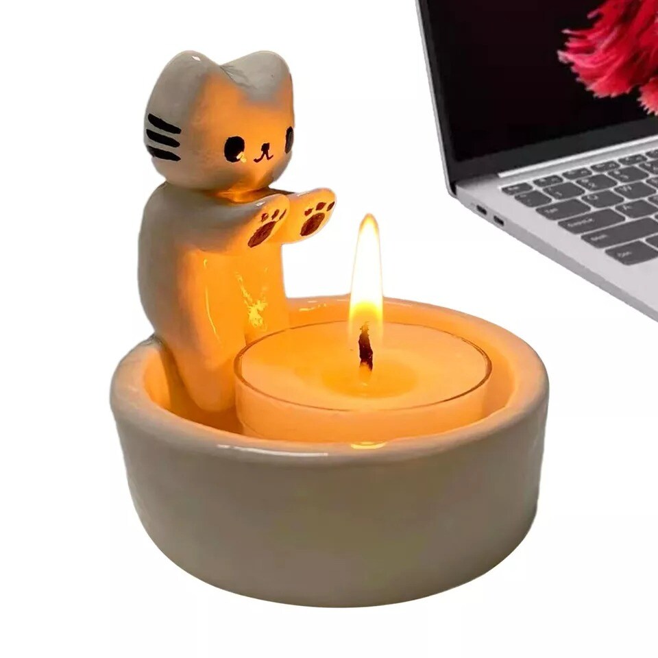 Kitten Candle Holder Warming Its Paws Cute Scented Light Holder Cute Grilled Cat