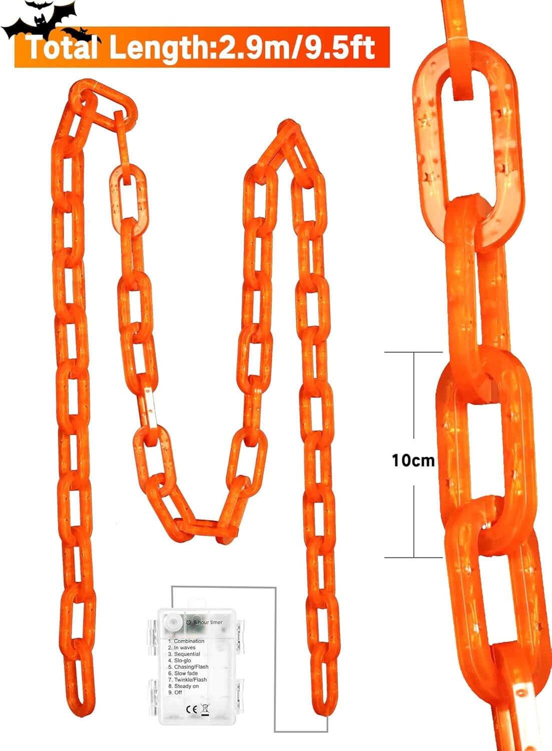 Halloween Decorations Battery String Lights - 10 Ft 160 LED Plastic Chain String Lights with Waterproof, 8 Lighting Modes and Timer Function (Orange)