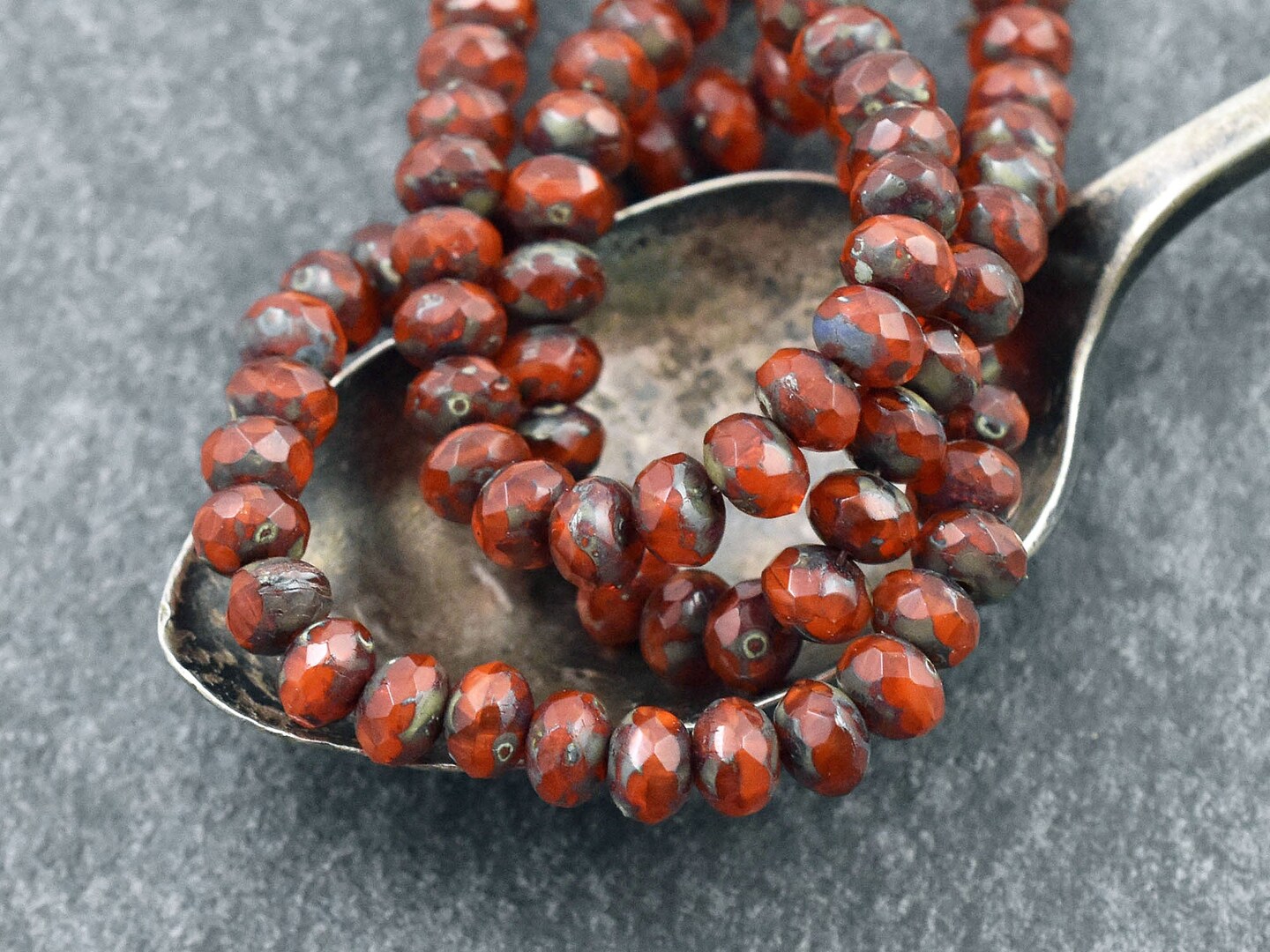 *30* 3x5mm Burnt Coral Orange Picasso Fire Polished Rondelle Beads