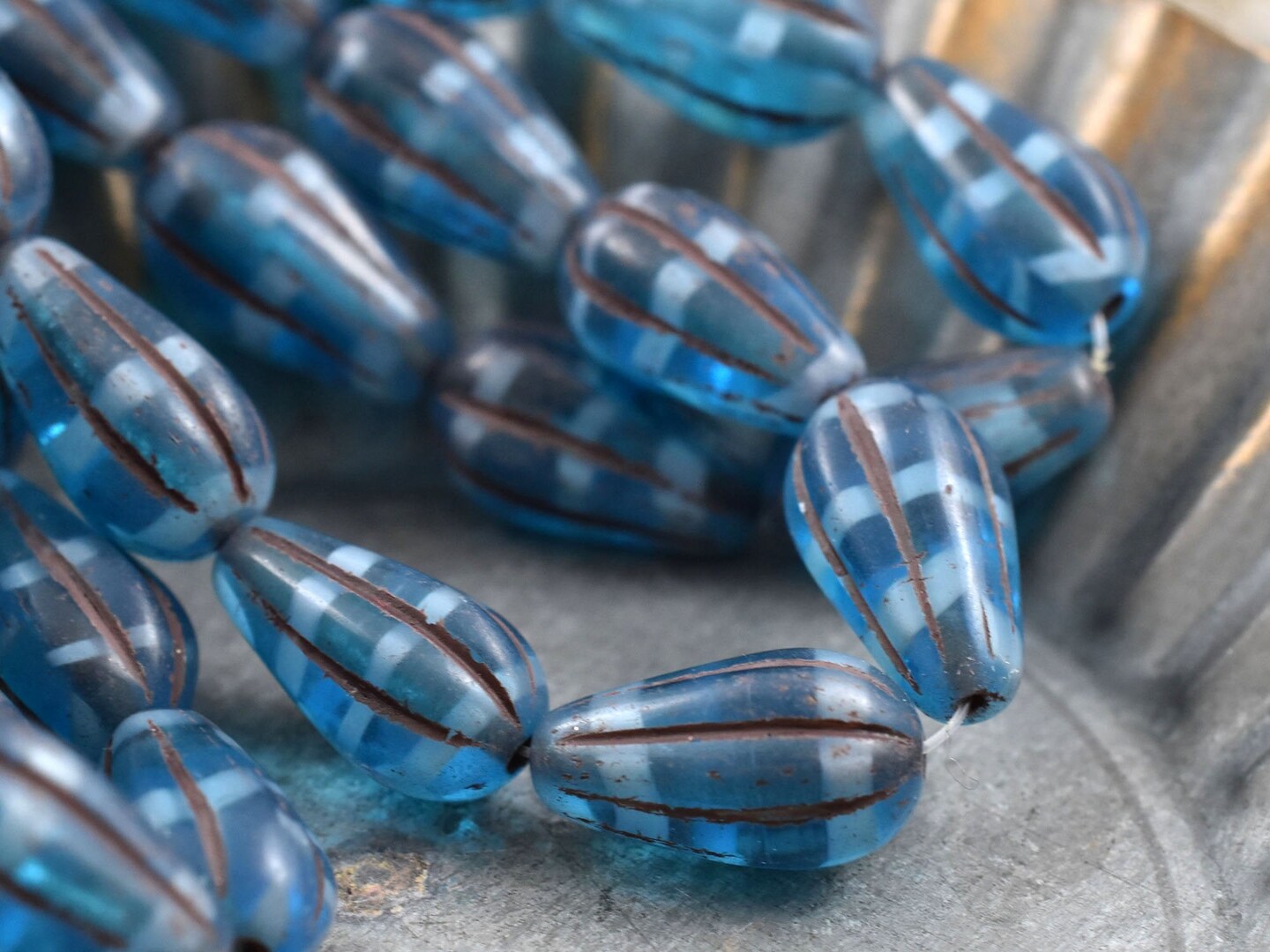 *10* 15x8mm Brown Washed Caribbean Blue Melon Drop Beads