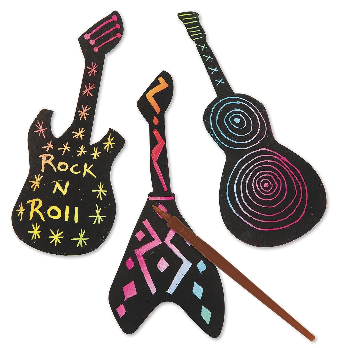 Scratch Artist Guitar Shapes, Cardstock Acoustic &#x26; Electric Guitars. For Kids &#x26; Adults, Incl. 16 each of 3 Different Guitars &#x26; 48 Reusable Scratch Tools. Guitars are 7&#x22; to 9&#x22; L. 48 Total Projects.
