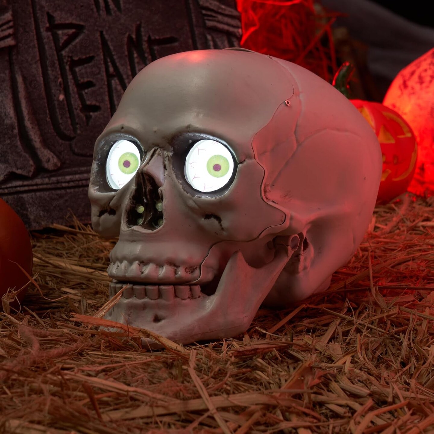 Skull Halloween Decorations Indoor Table Desk Home Decor Haunted House Halloween Animatronics Sound Activated LED Lights up Eyes Party Supplies Animated Skull Scary Moving Eyeballs