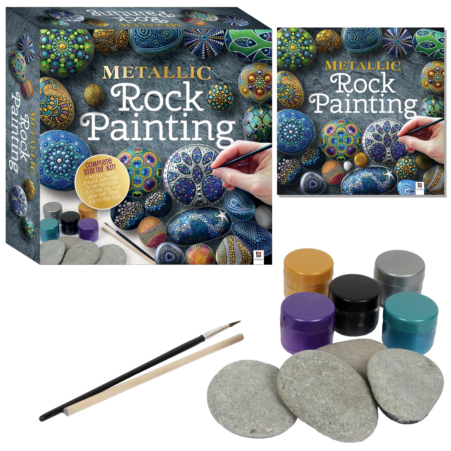 Metallic Rock Painting Box Set - DIY Rock Painting for Adults - Rocks, Brush, Paint Included - Mandala Stone Artist - Create Rock Artwork at Home - Arts and Craft for Adults - Adult Hobbies