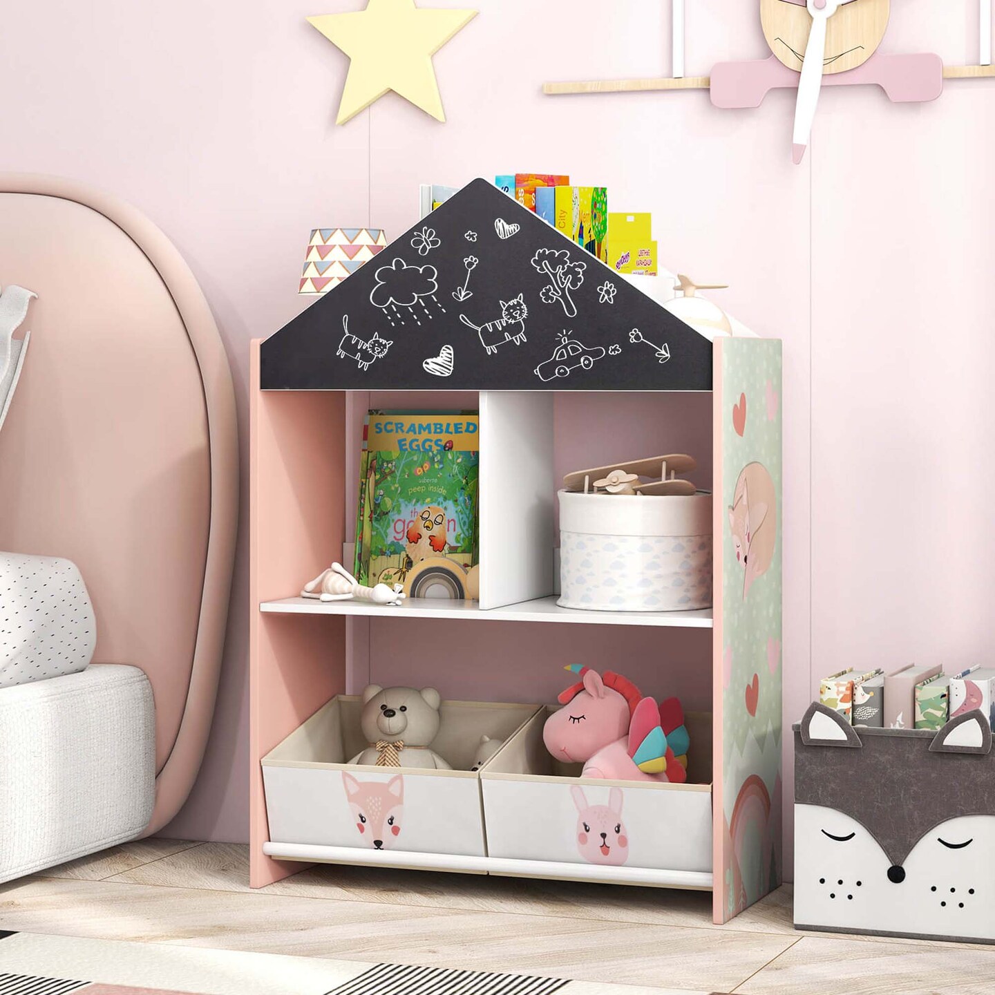 Costway Kids Dollhouse Bookshelf with Writable Chalkboard  Whiteboard 4 Top Compartments Gray/Pink