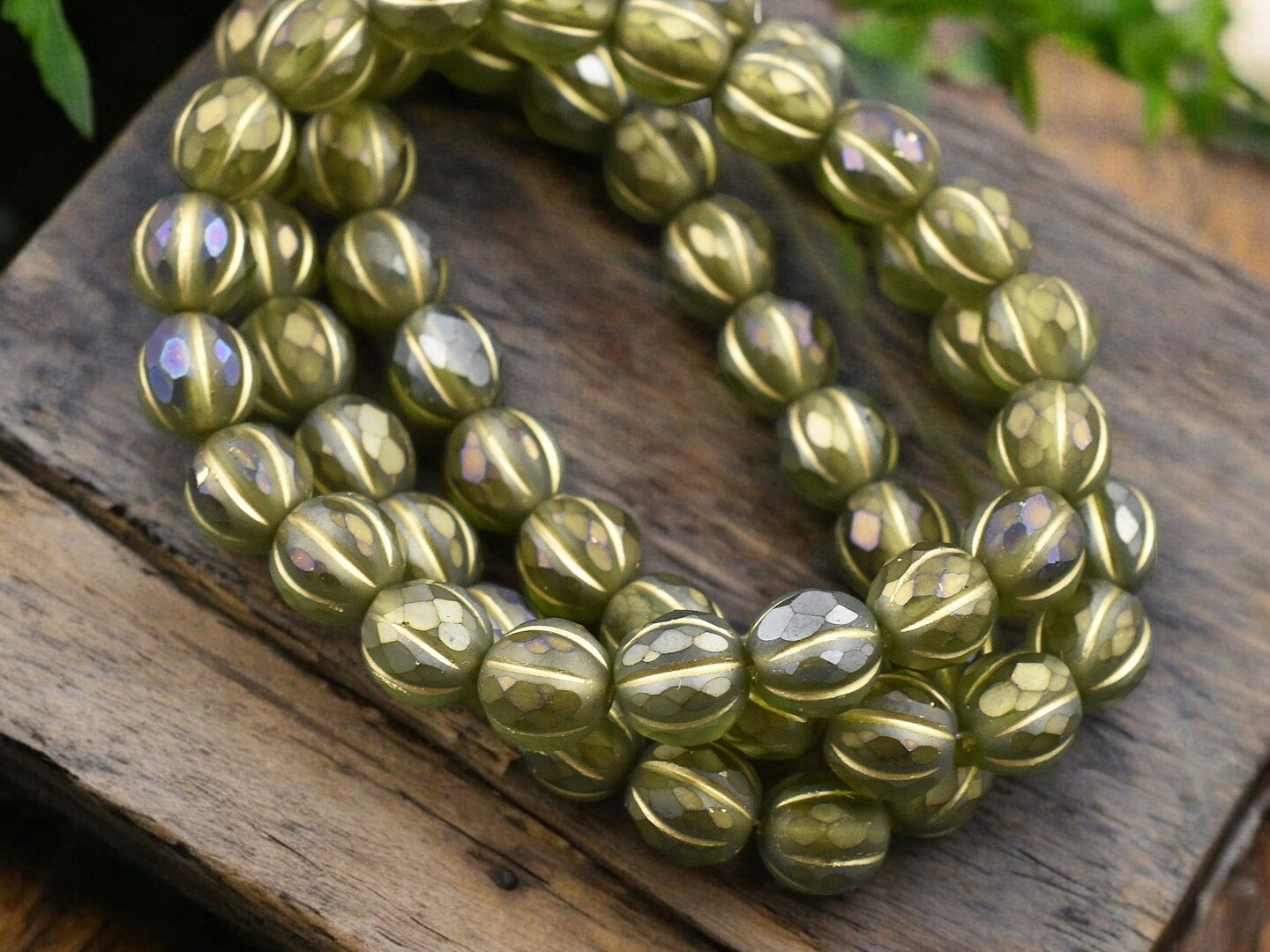 *20* 8mm Gold Washed Matte Olivine Luster Faceted Round Melon Beads