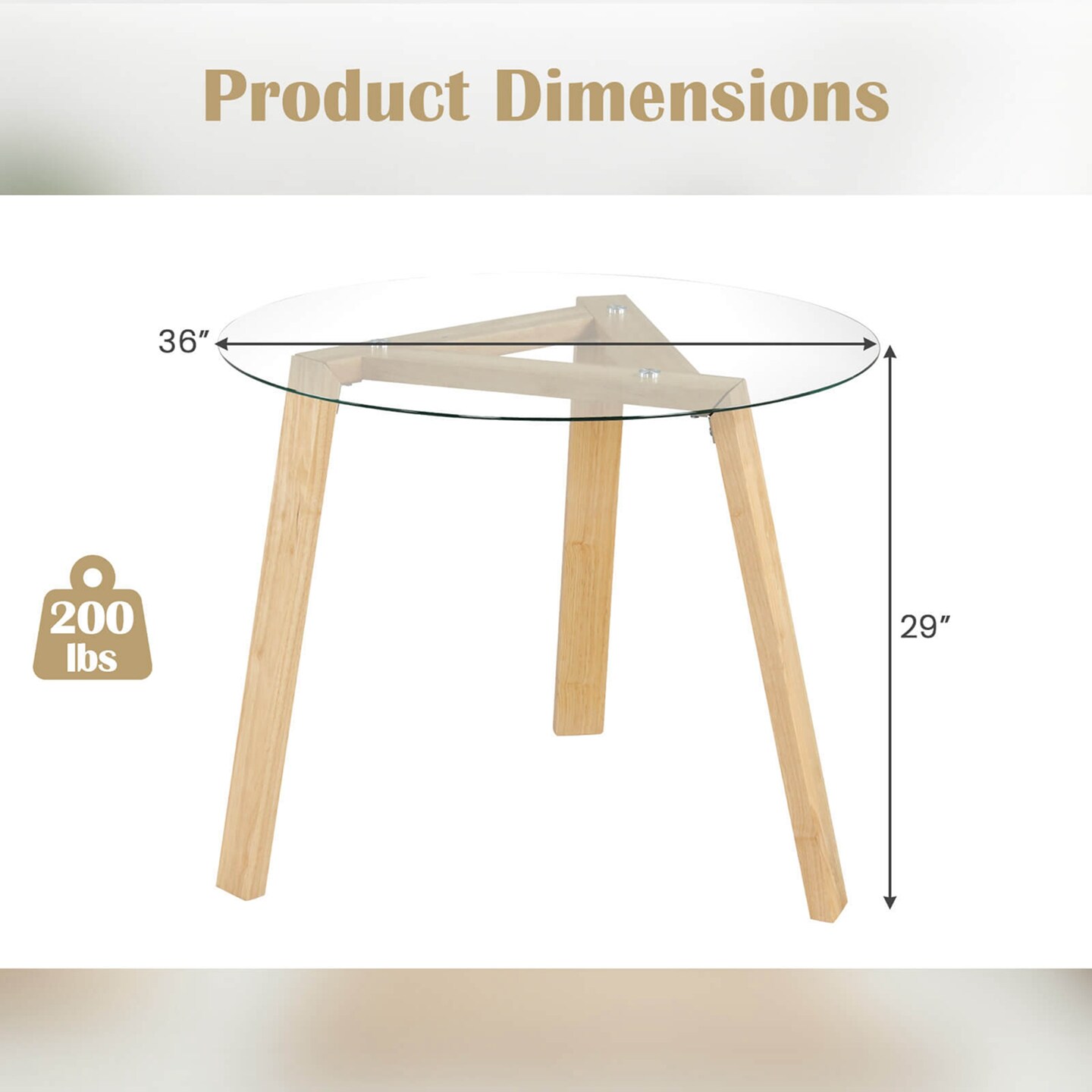 Costway 36&#x22; Round Glass Dining Table for 4 with Tempered Glass Tabletop Rubber Wood Frame Natural/Black