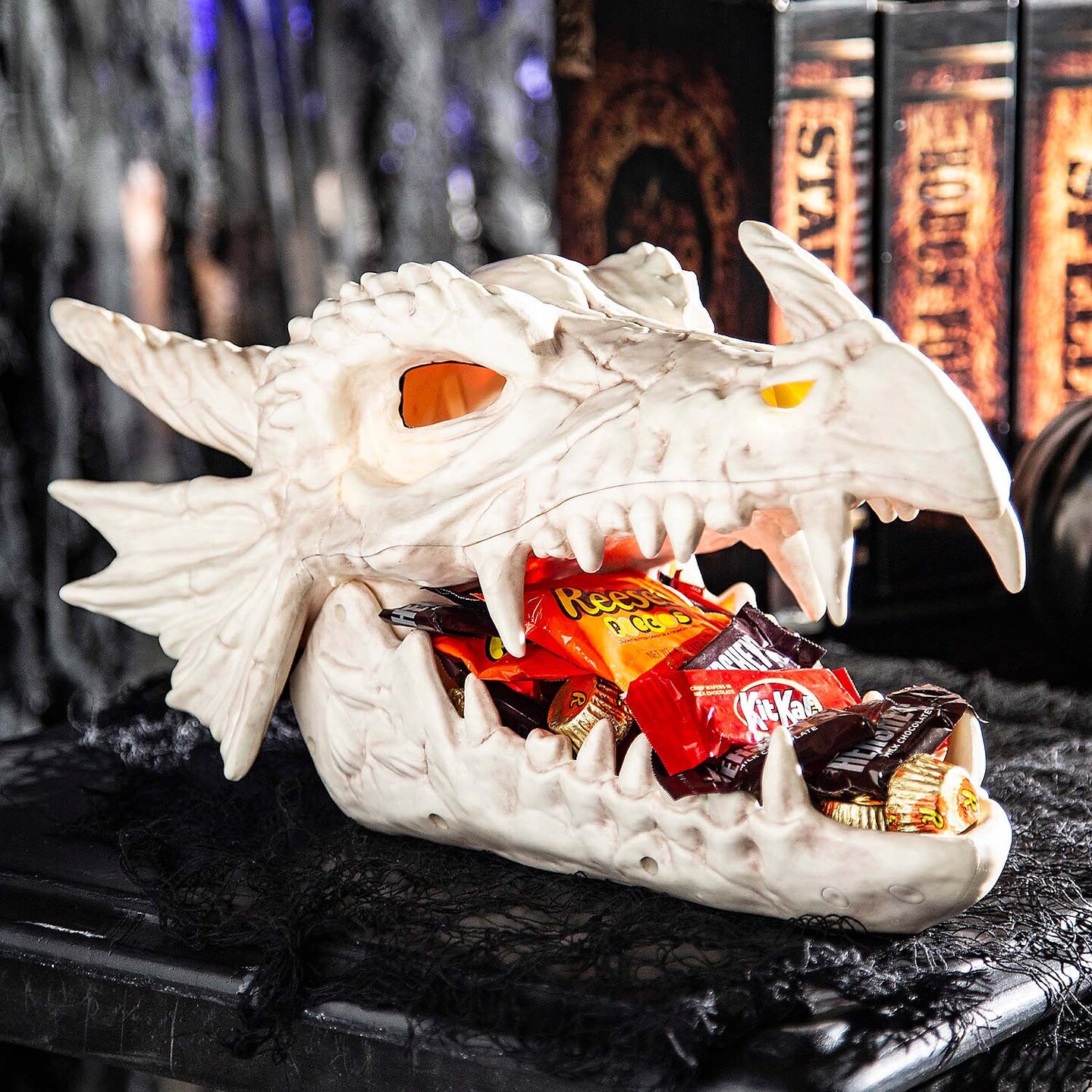 8&#x22; Light Up Dragon Skull Candy Bowl Halloween Decoration