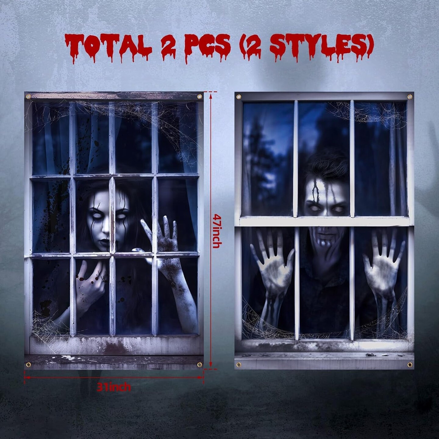 2 Pcs Scary Halloween Curtain Halloween Window Silhouette Decoration Blood Halloween Window Cover Horror Halloween Theme Window Poster for Indoor Outdoor Party Wall Door Decor(Gothic Horror)