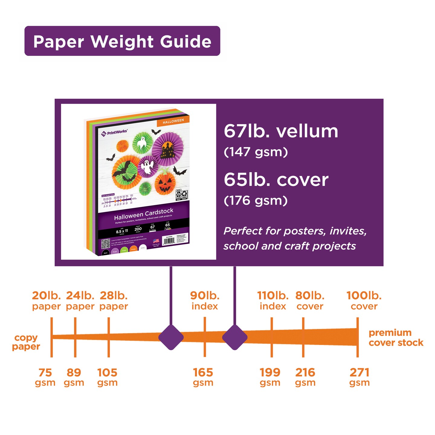 Printworks Halloween Cardstock, Includes Black, Purple, Green, Orange and White Cardstock, 8 &#xBD;&#x201D; x 11&#x201D;, 200 Sheets (00596)