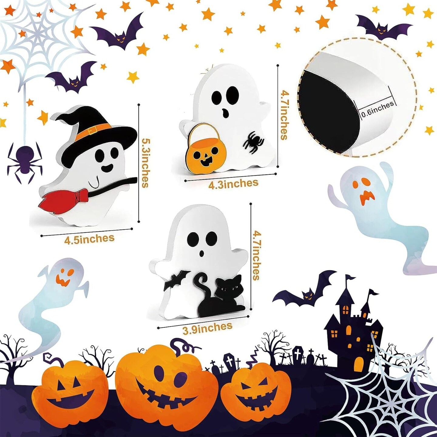 Cute Ghost Halloween Decorations for Indoors, Spooky Decorations, Wooden Tiered Tray Decor Table Sign, Black Cat, Bat, Witch Broom Signs, Pumpkin Blocks for Party Home Shelf Display