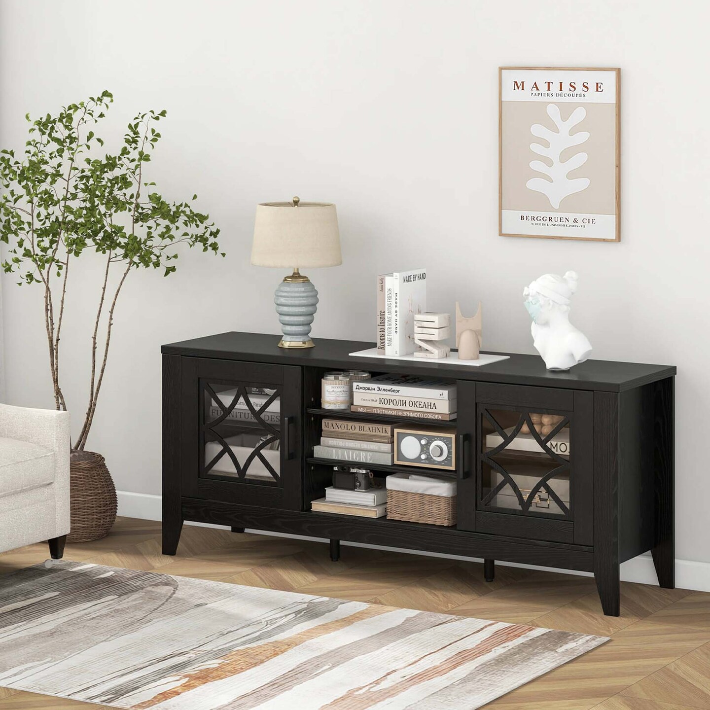 Costway TV Stand for TVs up to 65&#x22; with 3-Position Adjustable Shelves Tempered Glass Doors Black/Teal Blue