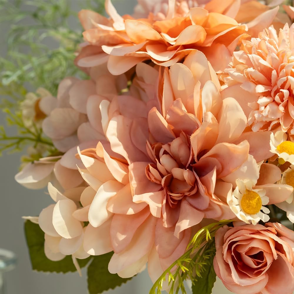 Spring Tabletop Decor – Artificial Dahlia & Hydrangea Flower Arrangement with Ceramic Vase, Silk Faux Flowers Centerpiece for Dining Table, Home & Office Decoration (Pink)