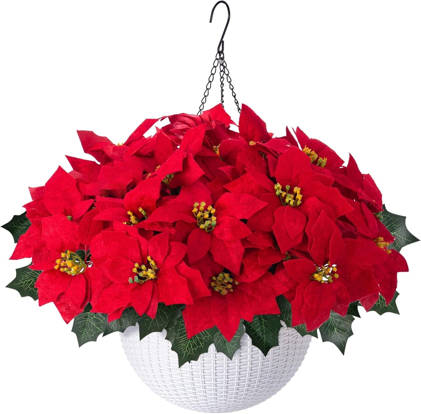 Artificial Fake Christmas Hanging Poinsettia Flowers Plants Basket for Outdoor Outside Winter Decoration, Faux Red Flower Realistic UV Resistant for Porch Patio Balcony Holiday Decor