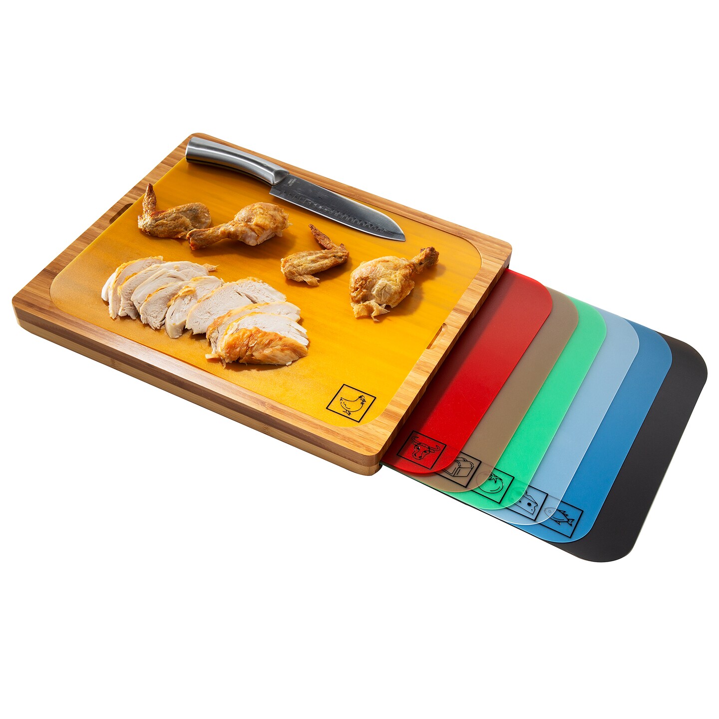 Seville Classics Bamboo Cutting Board w/ 7 Color-Coded Cutting Mats