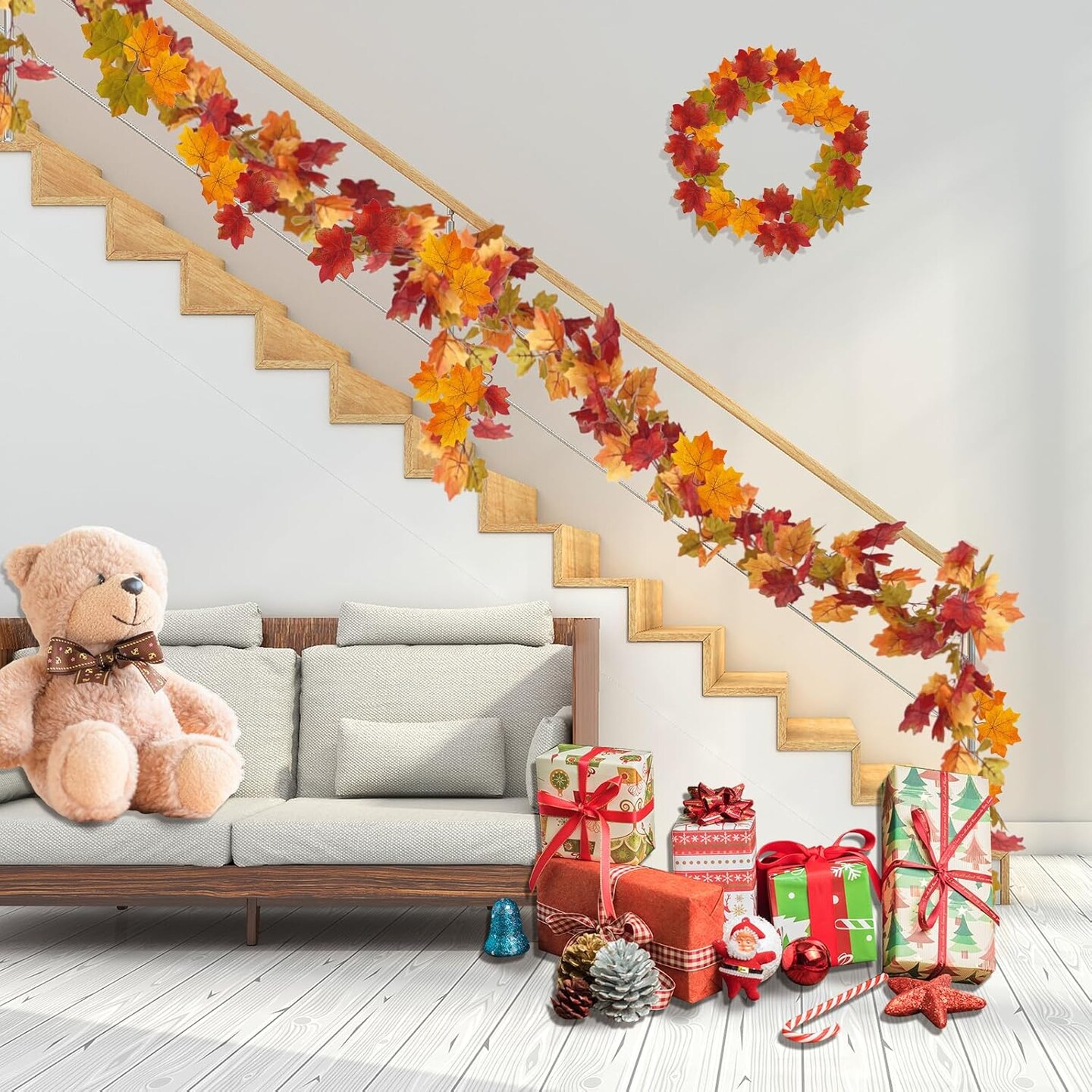 2-Pack Fall Garland – 13.12 Ft Artificial Maple Leaf Garland for Thanksgiving, Autumn Weddings, Home, Fireplace, and Party Decorations