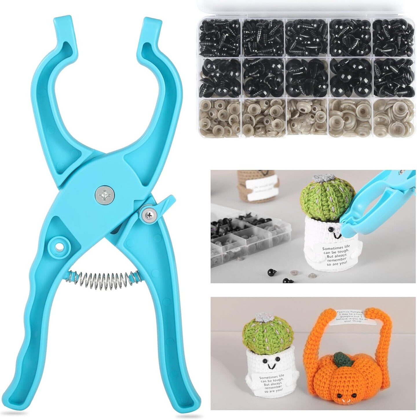 Safety Eye Kit & Snapper Tool – 230pcs Crochet Eyes, Noses, and Washers with Ergonomic Tool for Amigurumi, Dolls, and Plush Animals (Fits 5–30mm Eyes, Blue)