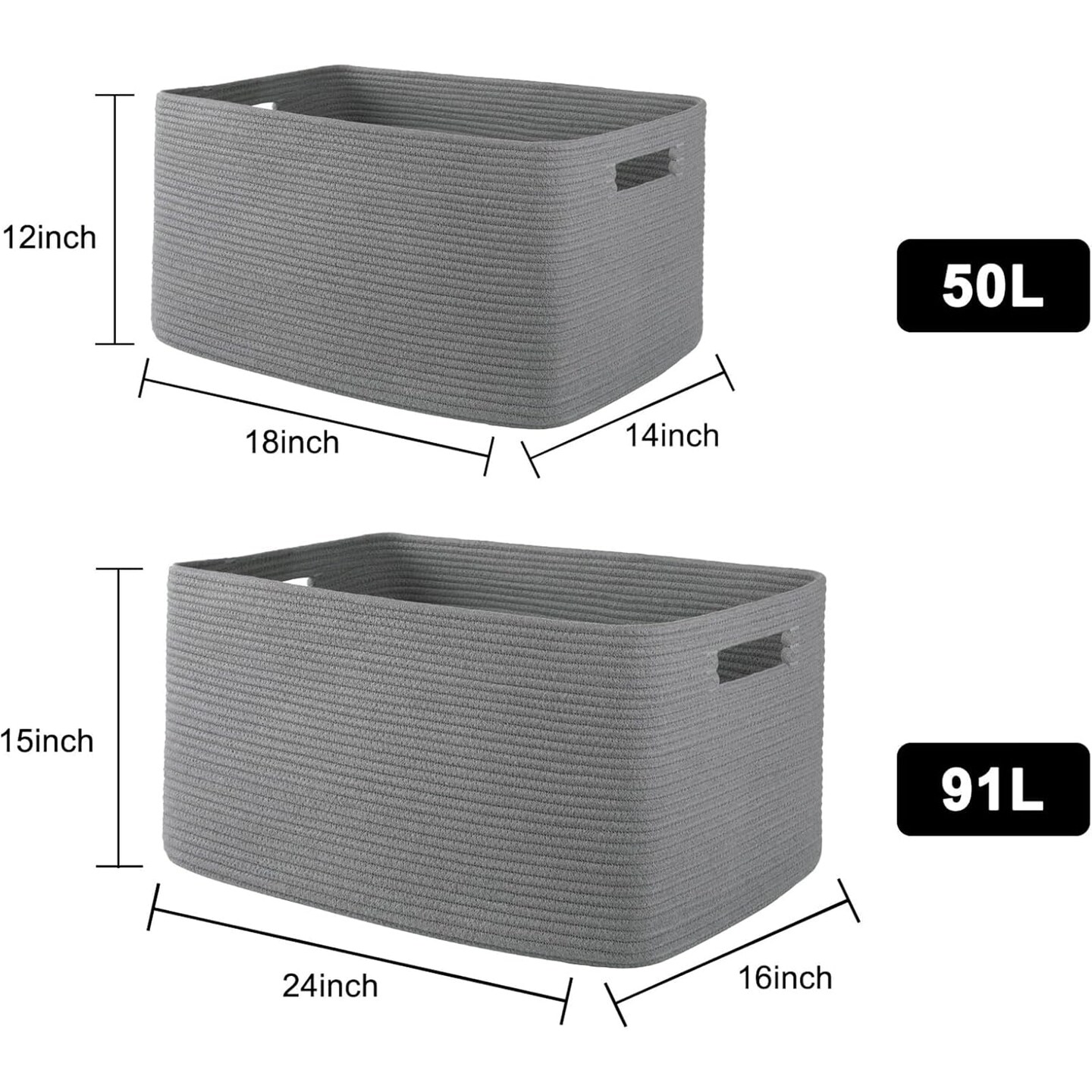 XXLarge Rectangle Blanket Basket-96L, Cotton Woven Basket for Storage, Dirty Clothes Basket for Living Room, Nursery, Bedroom, Toy Organizing with Handle, 24" x 16" x 15", Dark Grey