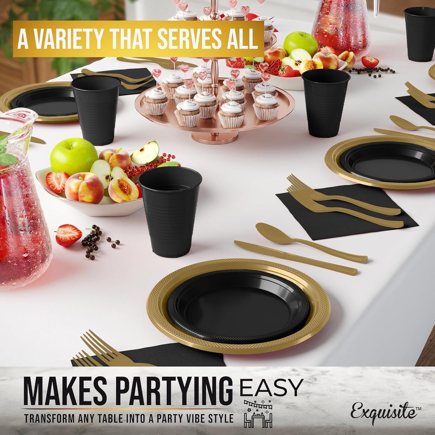 Exquisite 350 Pcs Plastic Plates for Party – Disposable Plates Set – 50 Each of 9" Dinner Plates, 7" Dessert Plates, Plastic Cups, Napkins & Plastic Cutlery – Plastic Dinnerware by Party Solids