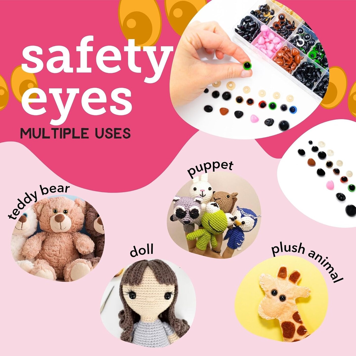 100pcs Safety Eyes for Amigurumi & Crochet Animals – Assorted 6mm & 10mm Craft Eyes with Washers for Stuffed Animals, Dolls & DIY Projects