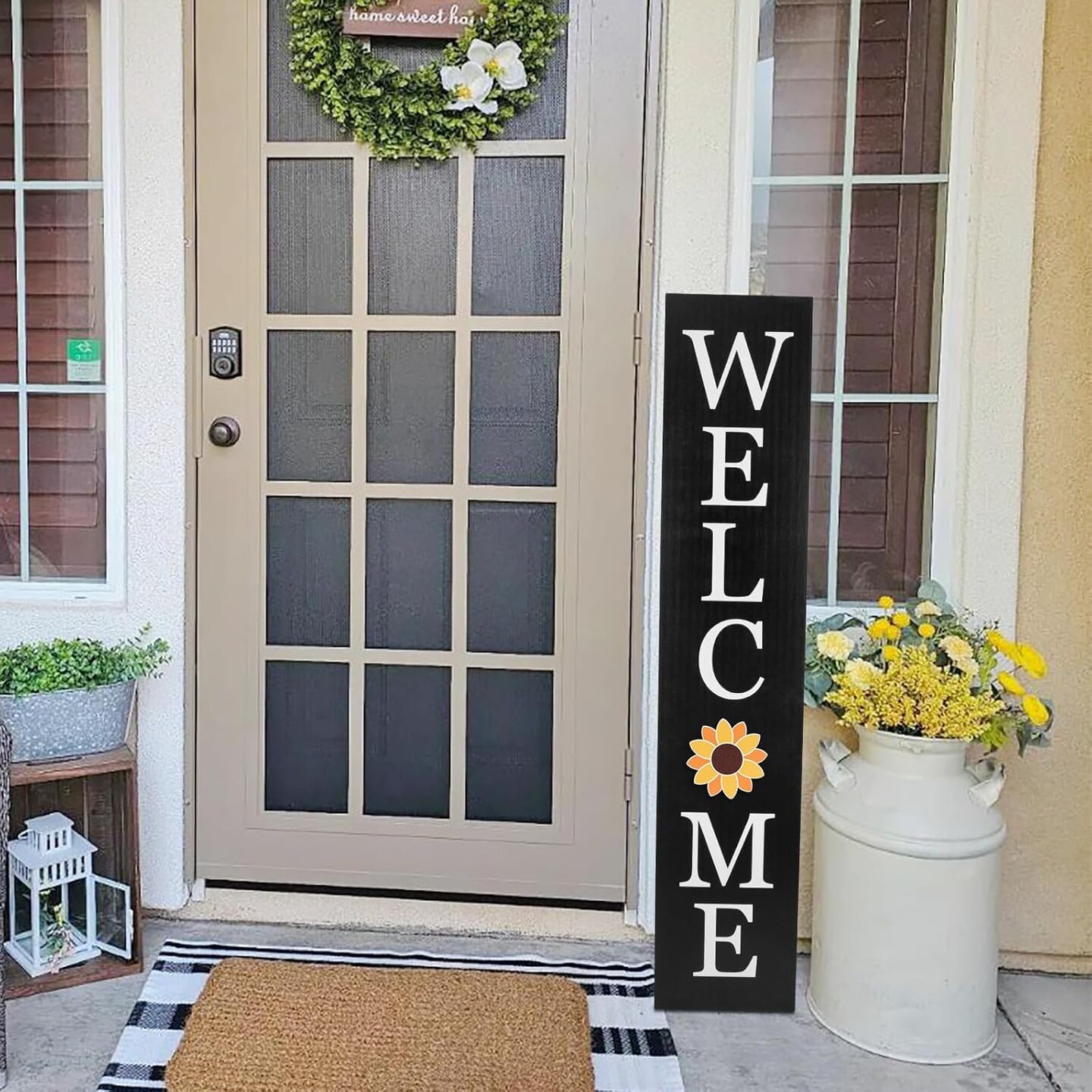 Interchangeable Welcome Sign for Front Porch – 45” x 9” Large Wooden Standing or Hanging Porch Sign with 12 Seasonal Icons for Fall, Halloween, 4th of July & Holiday Decorations (Black)
