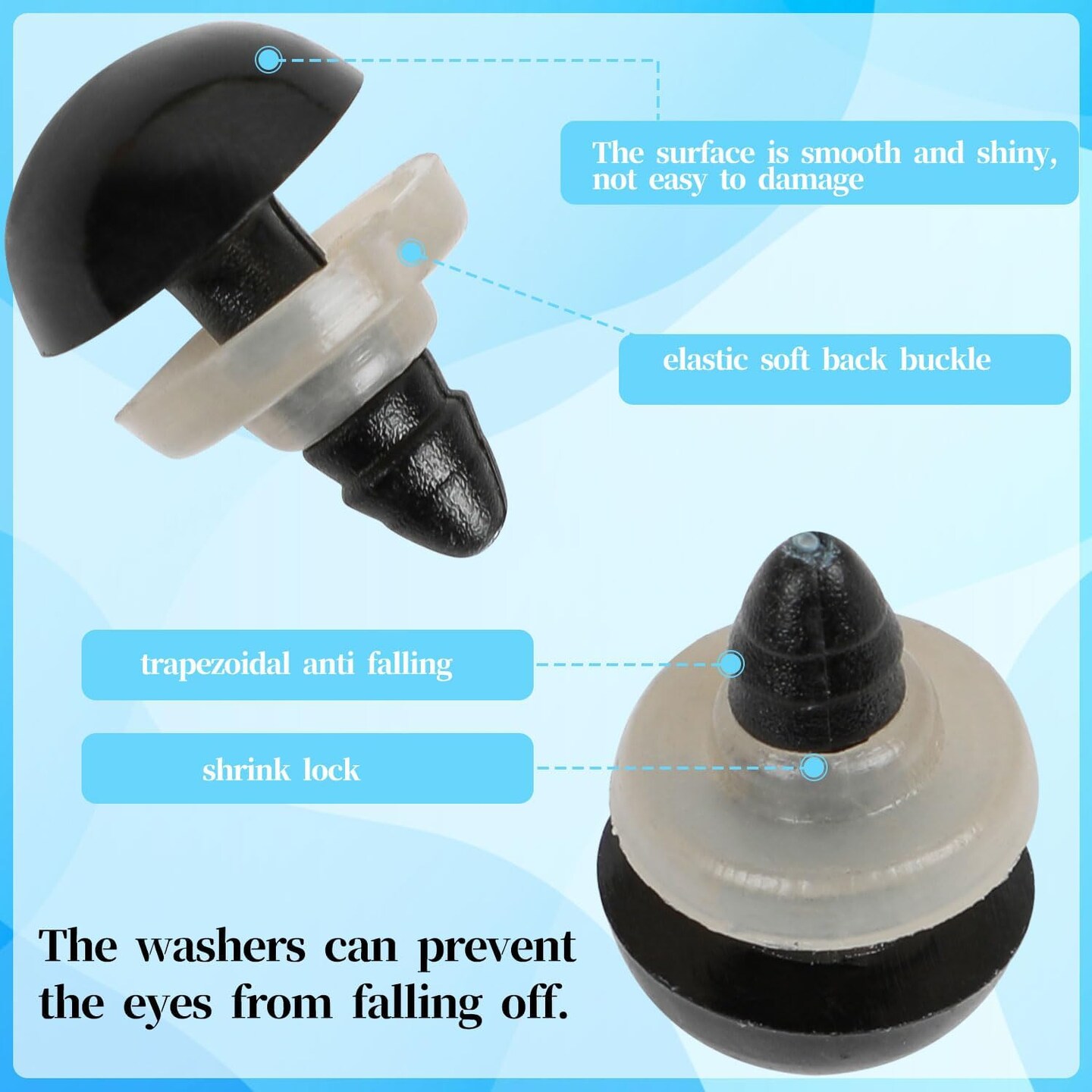 100PCS Solid Black Safety Eyes with Washers – 6mm to 12mm for Amigurumi, Plush Animals, Puppets, and DIY Doll Crafts