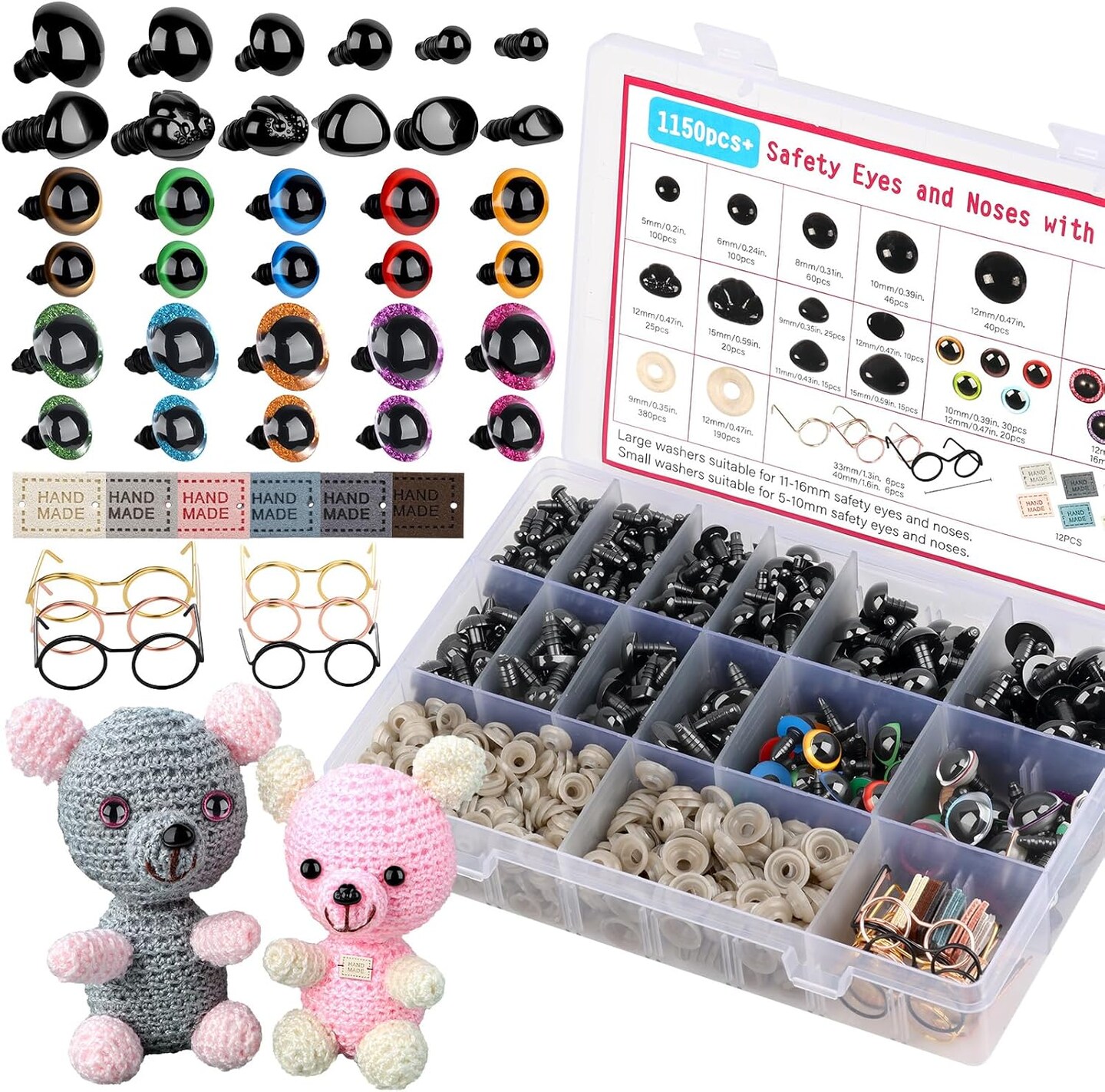 1150PCS Safety Eyes & Noses for Crocheting – 5mm-16mm Crochet Eyes, Glitter Doll Eyes with Washers, Doll Glasses, and Handmade Tags for Amigurumi, Stuffed Animals, Plush Toys DIY Crafts