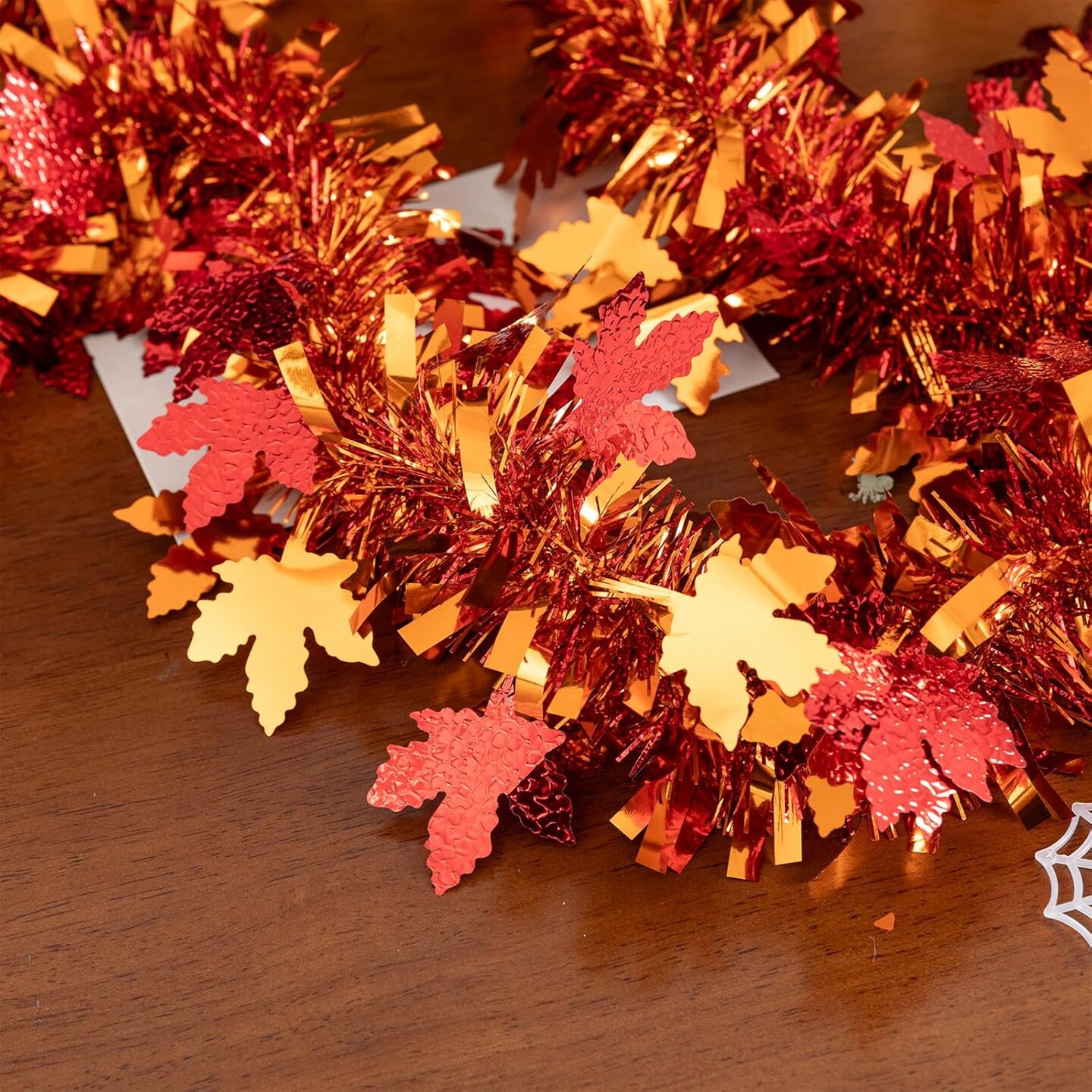 33Ft Thanksgiving Tinsel Garland, Maple Leaf Metallic Twist Foil