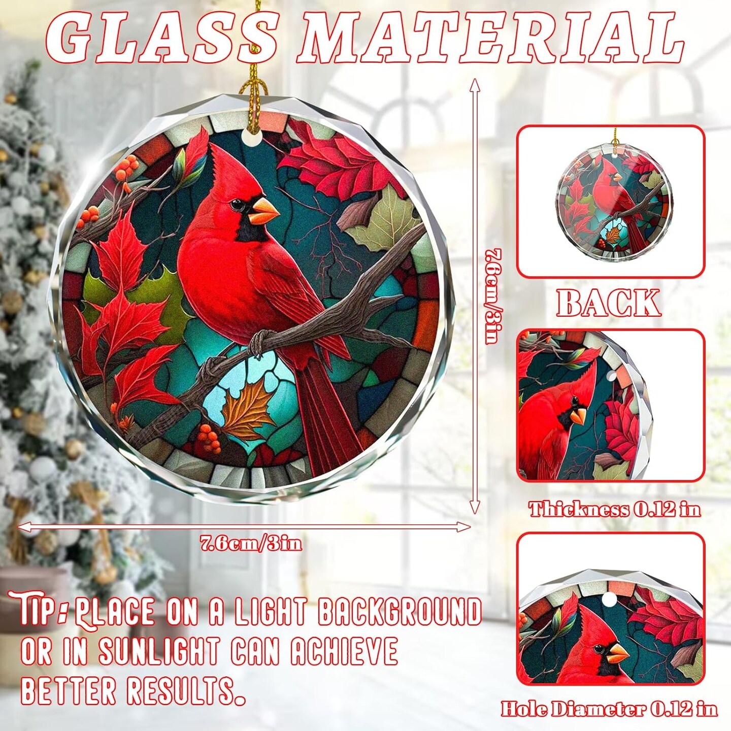 Cardinal Stained Glass Ornament - Christmas Tree Decorations, Cardinal Ornaments for Christmas Tree, Gift Exchange